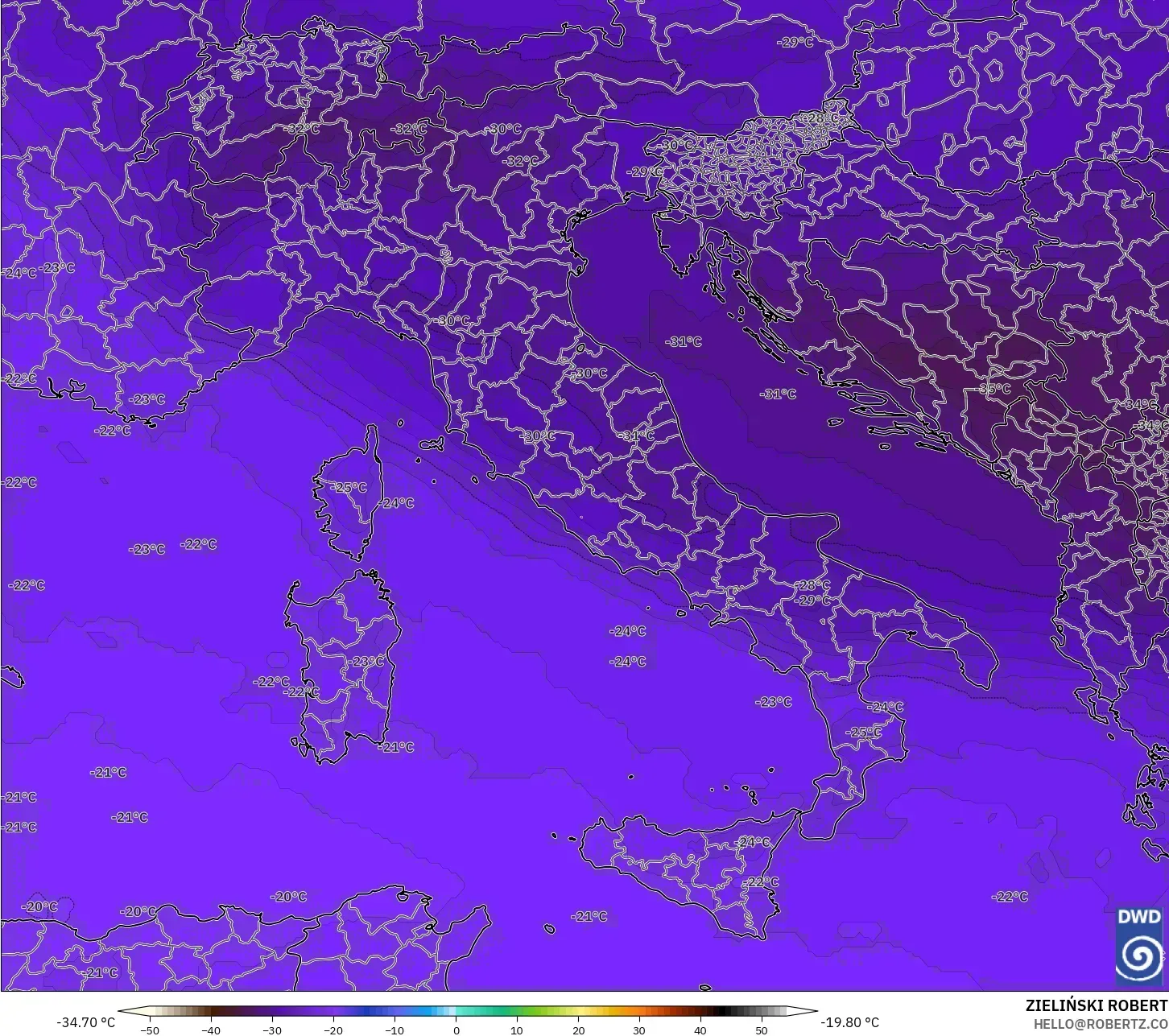 ICON モデル - イタリア, 気温（500hPa）