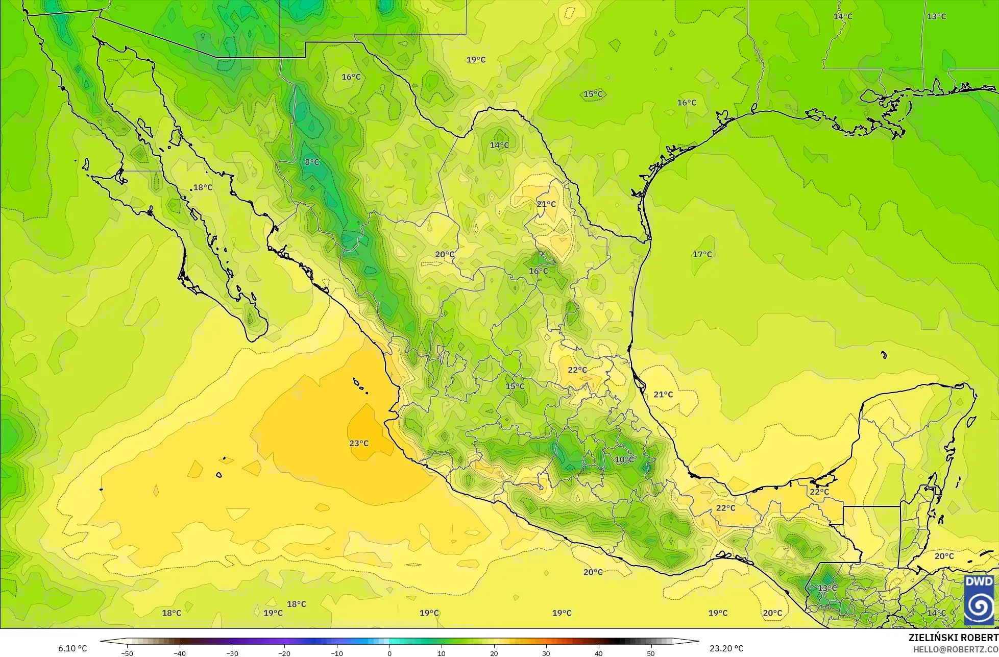 ICON モデル - メキシコ, 気温（850hPa）