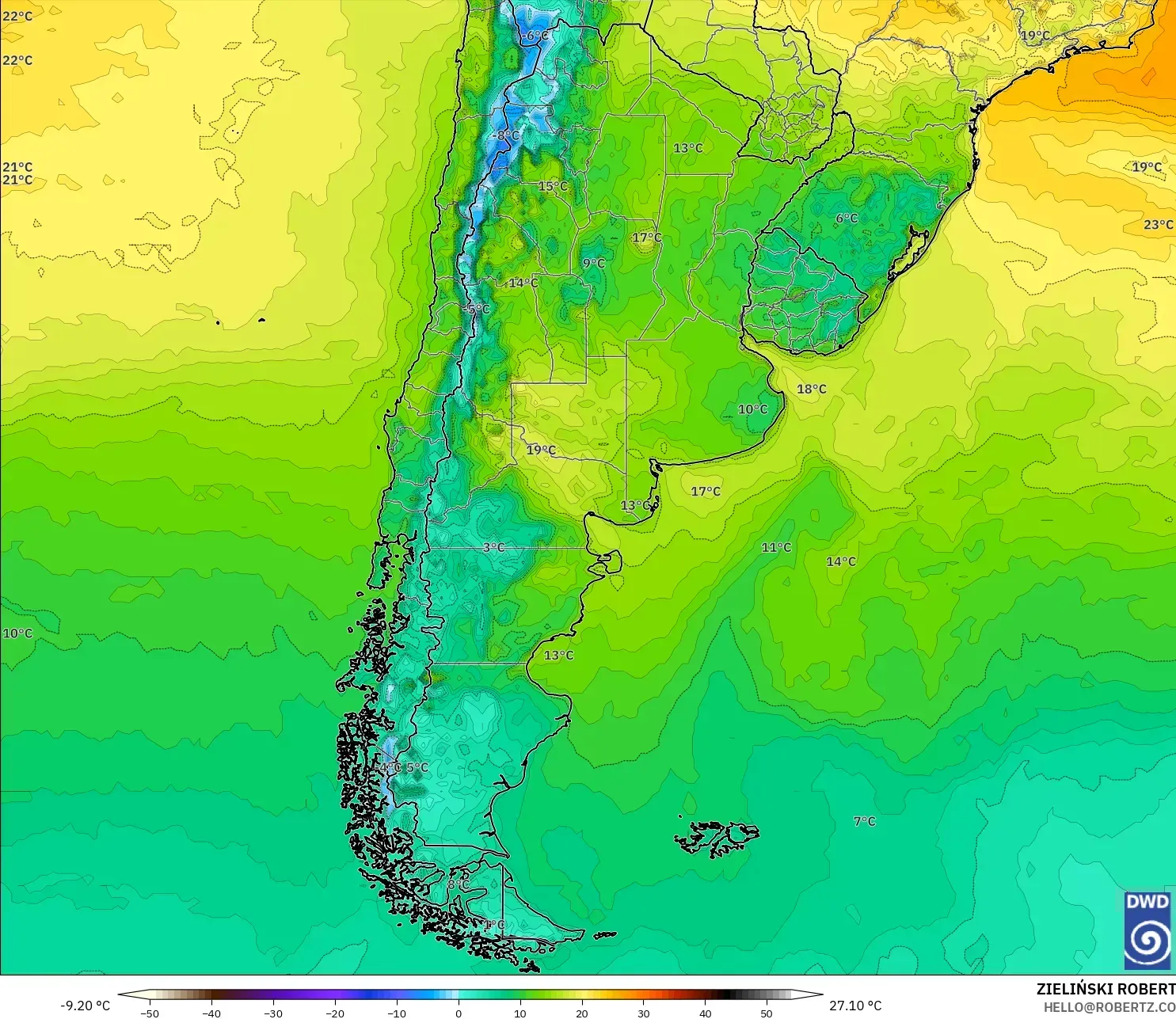 ICON モデル - アルゼンチン, 気温（2m）