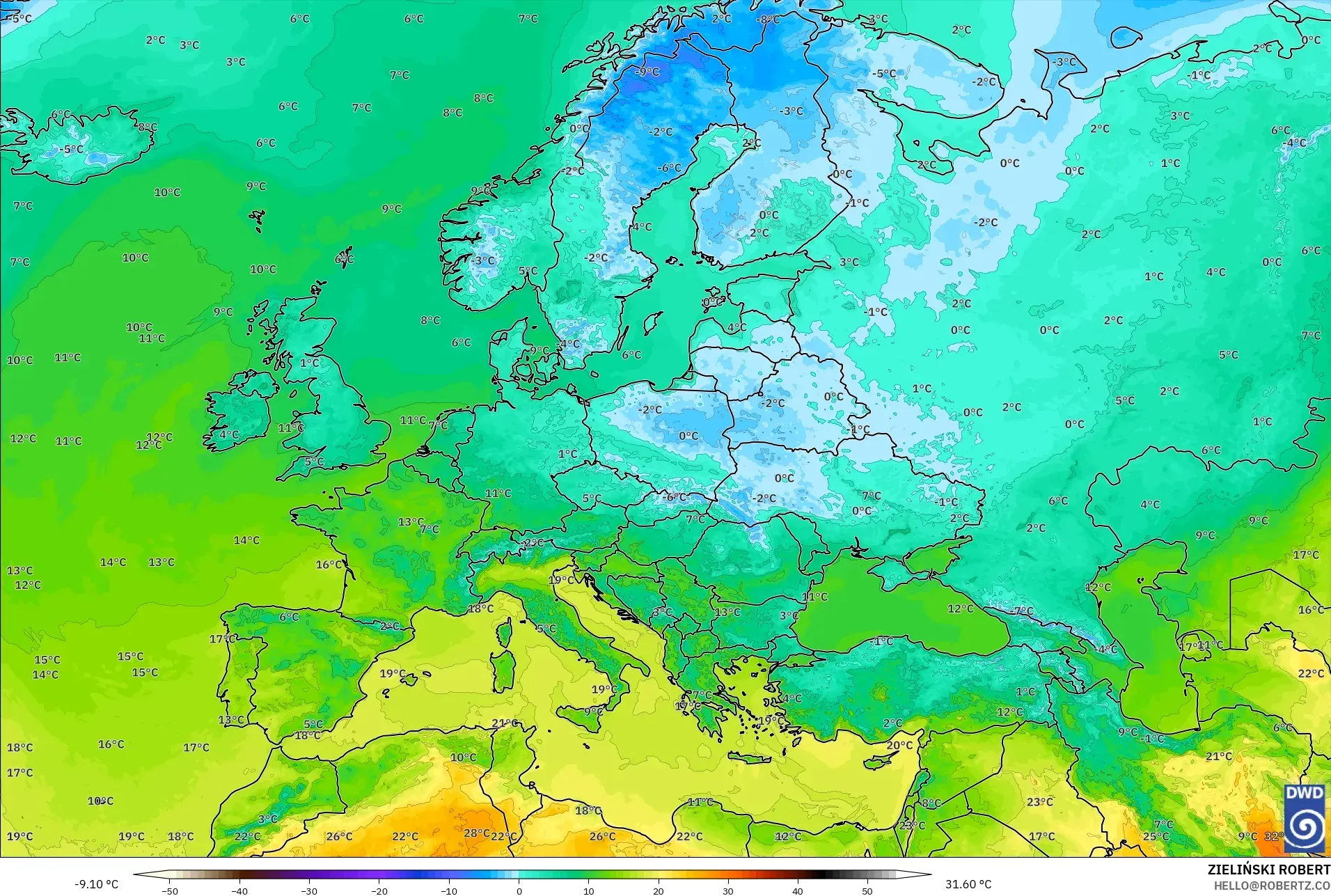 ICON モデル - ヨーロッパ, 気温（2m）