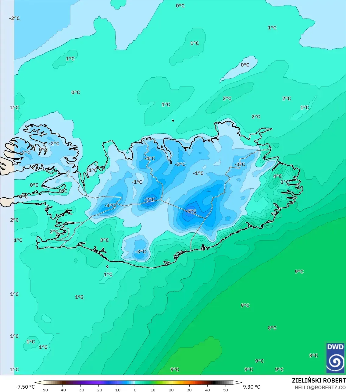ICON モデル - アイスランド, 露点温度（2m）