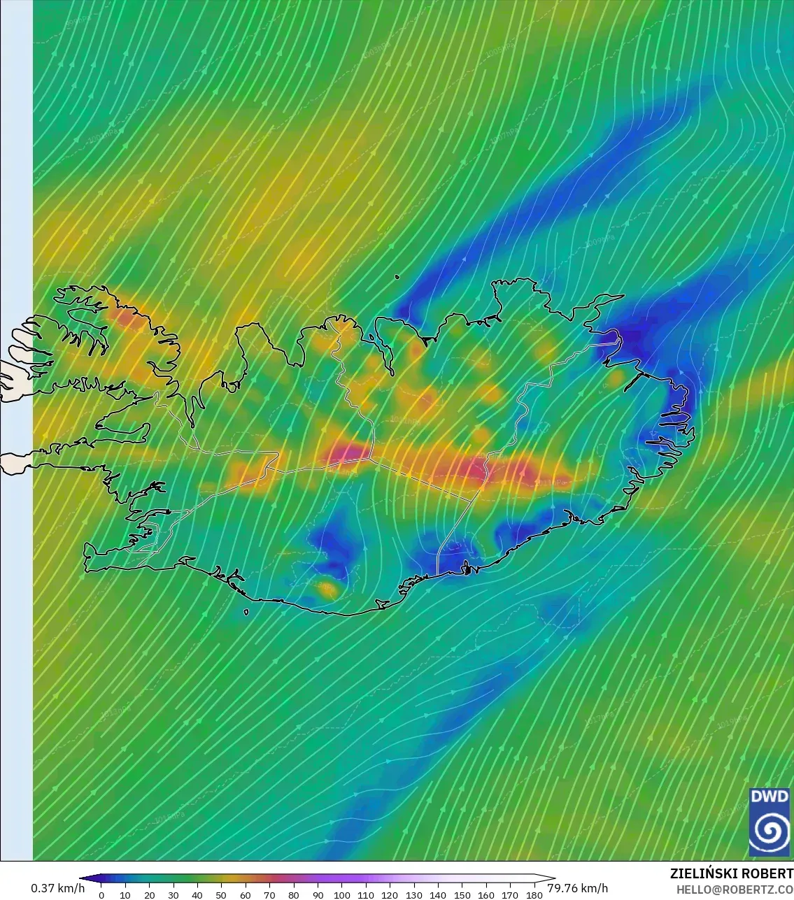 ICON モデル - アイスランド, 風速（10m）
