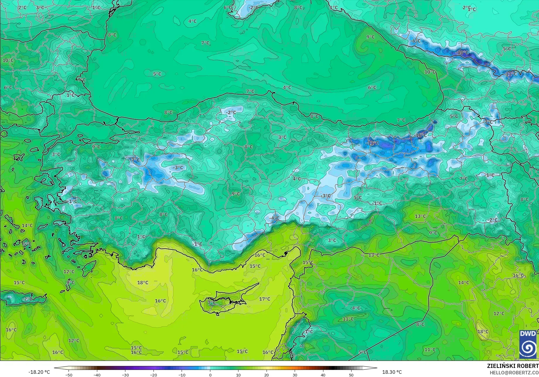 ICON モデル - トルコ, 露点温度（2m）