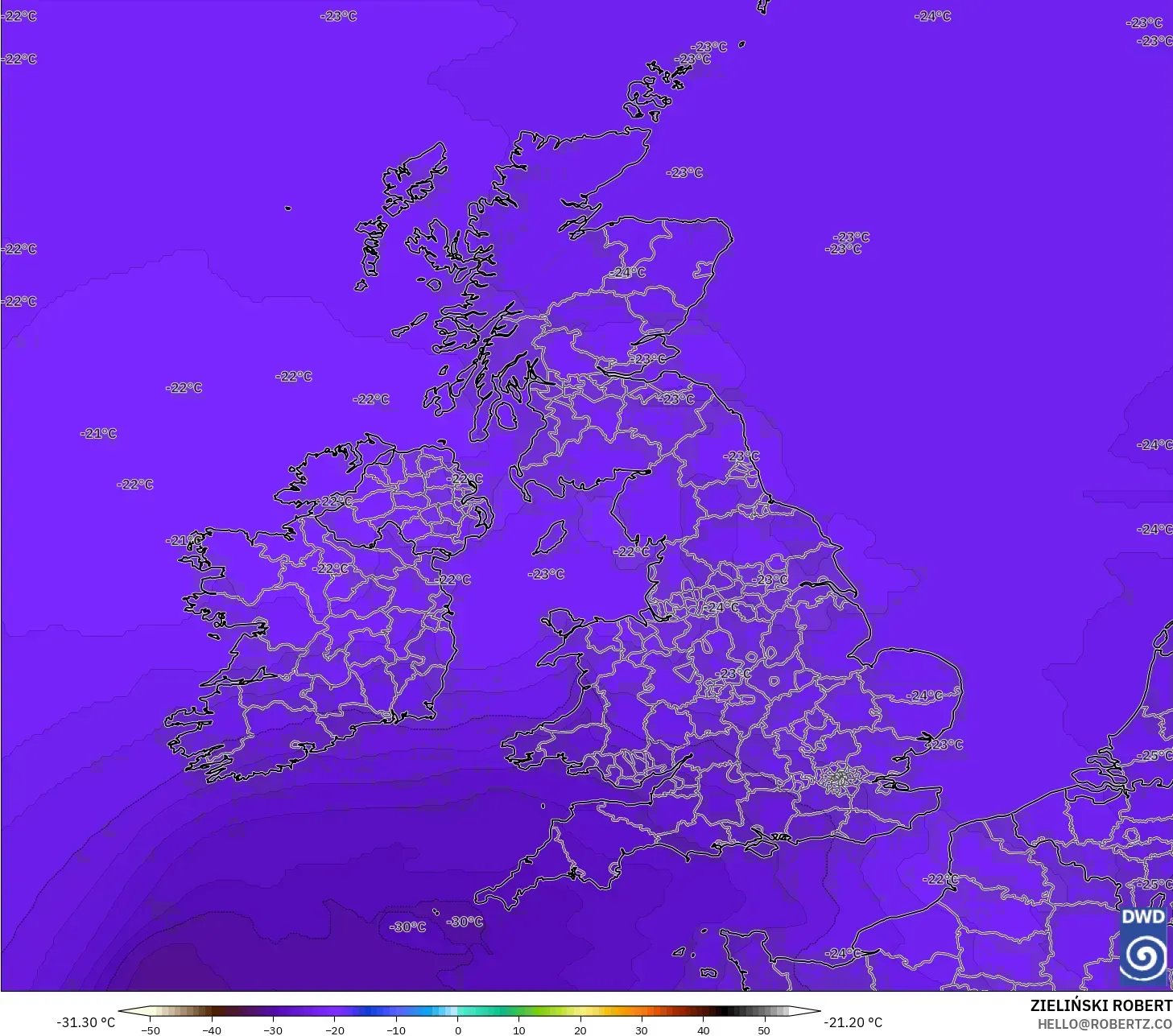 ICON モデル - イギリス, 気温（500hPa）