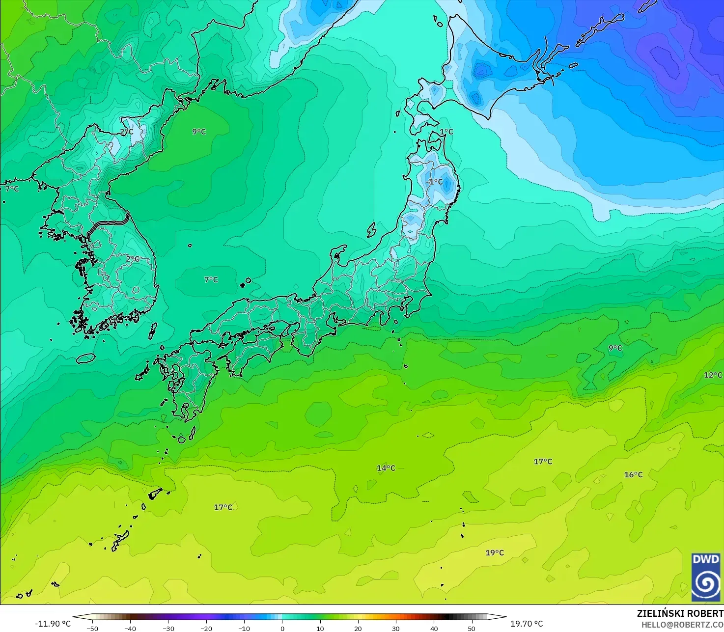 ICON モデル - 日本, 気温（850hPa）