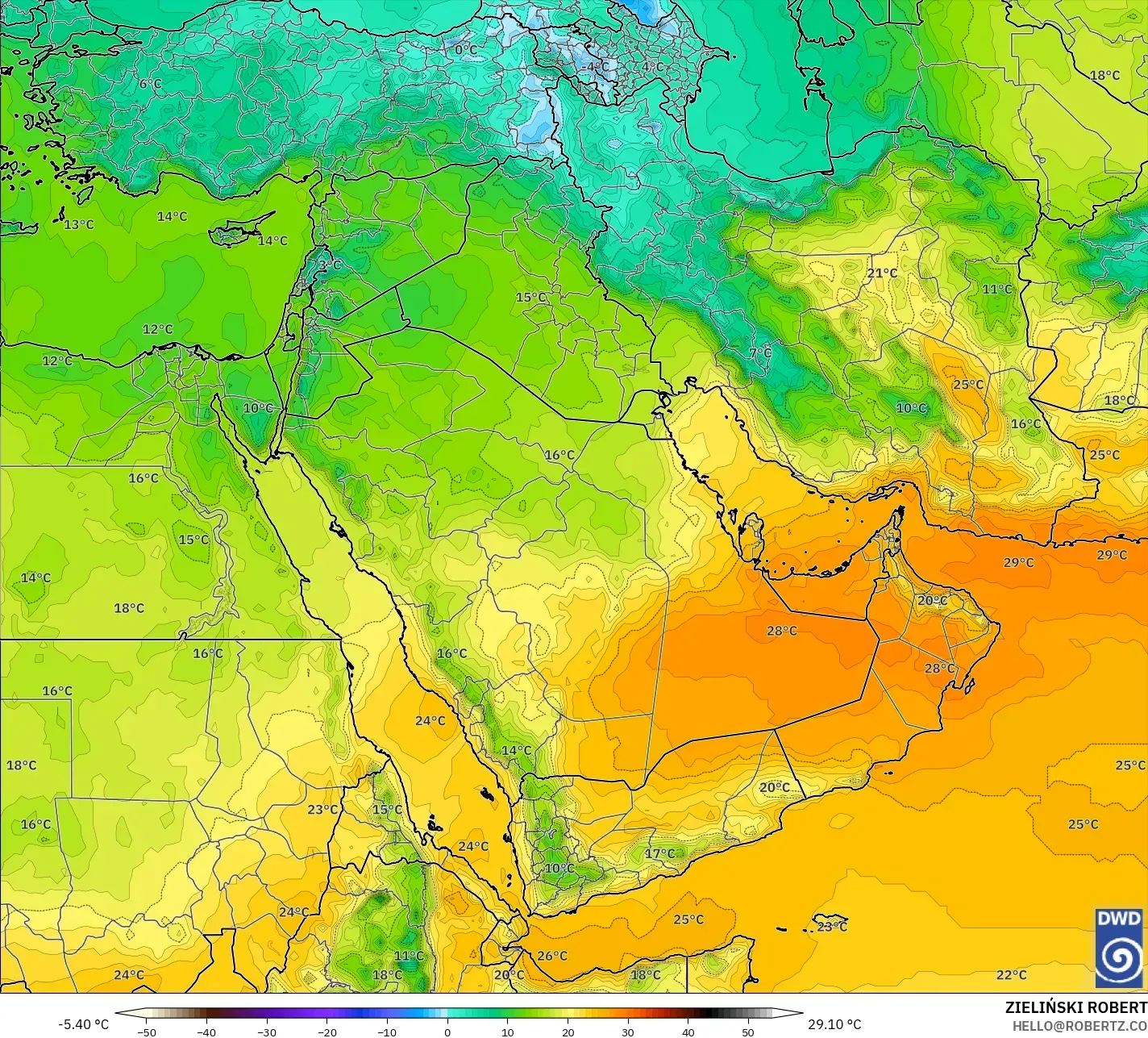 ICON モデル - 中東, 気温（850hPa）