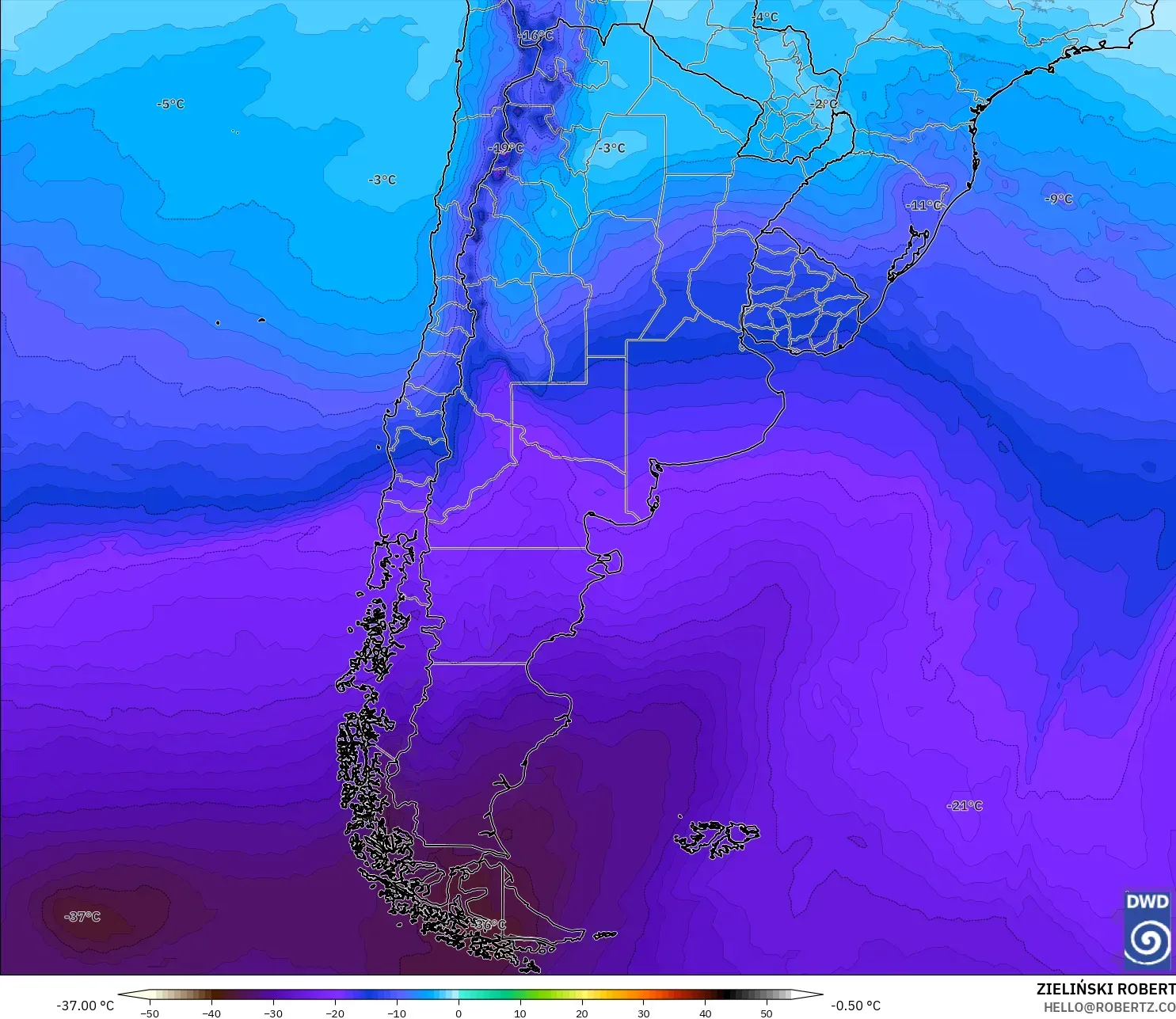 ICON モデル - アルゼンチン, 気温（500hPa）