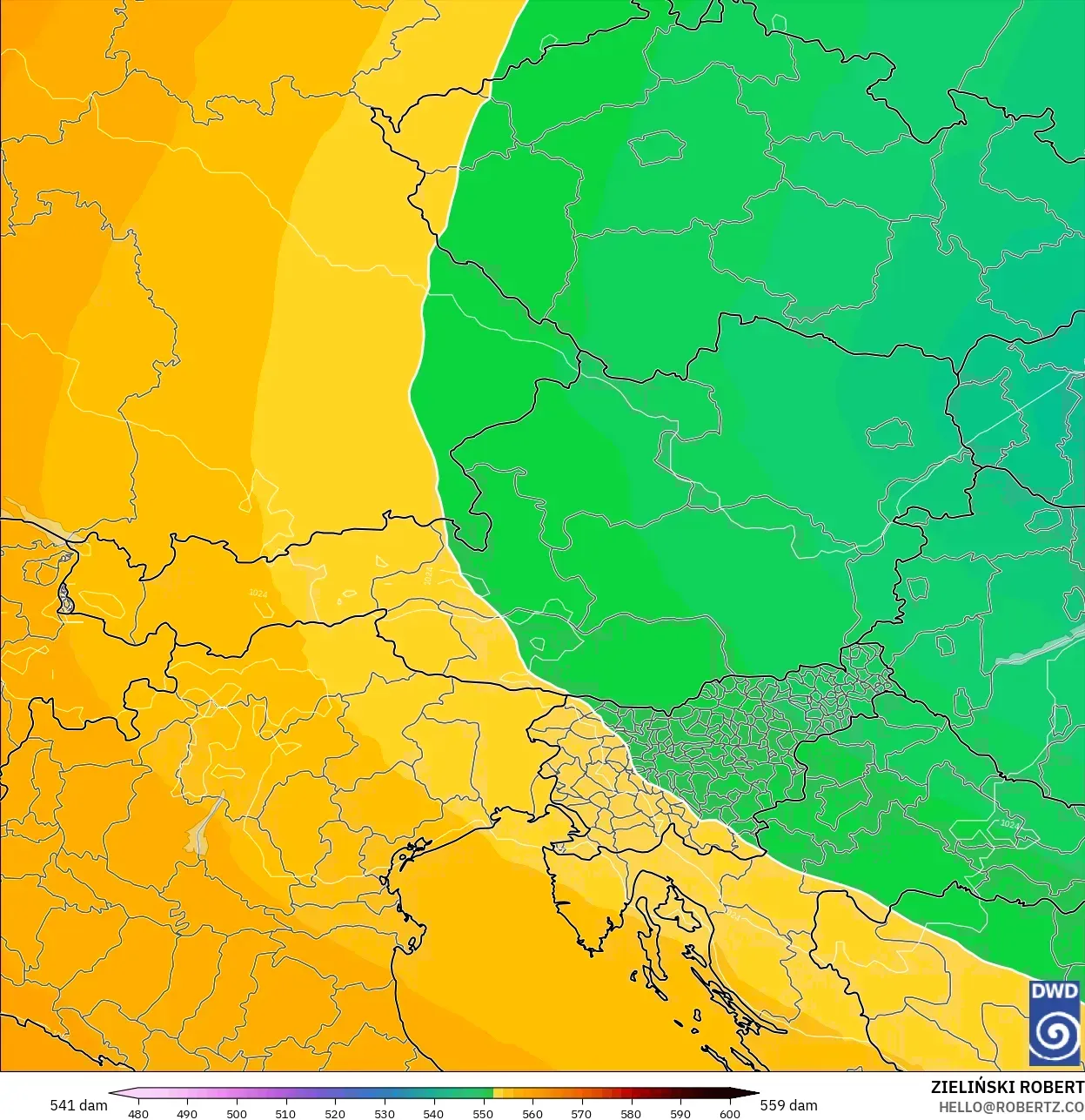 ICON モデル - オーストリア, 500hPaのジオポテンシャル高度