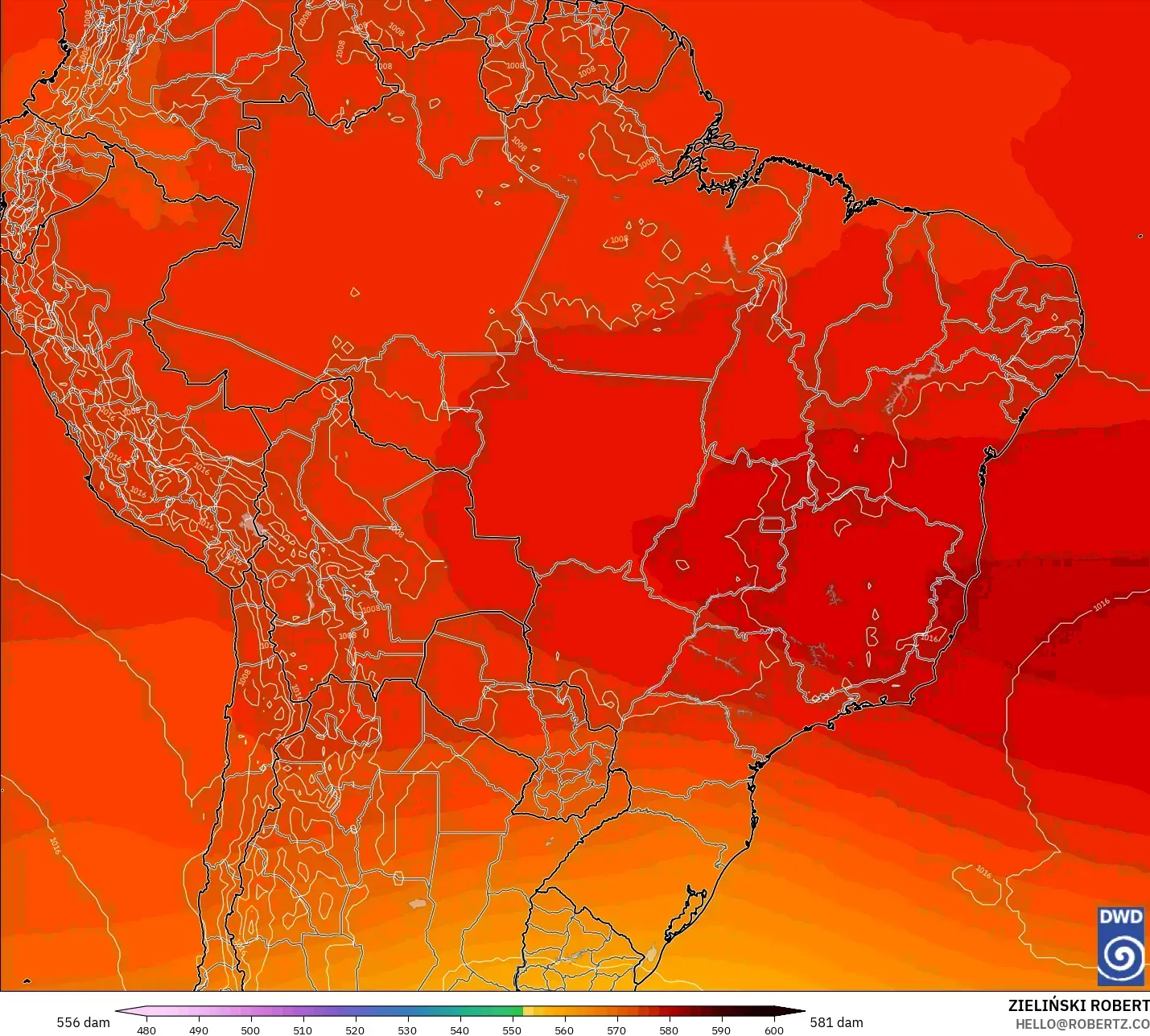 ICON モデル - ブラジル, 500hPaのジオポテンシャル高度