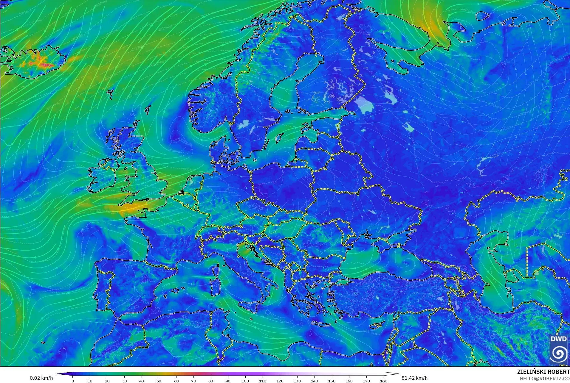 ICON モデル - ヨーロッパ, 風速（10m）