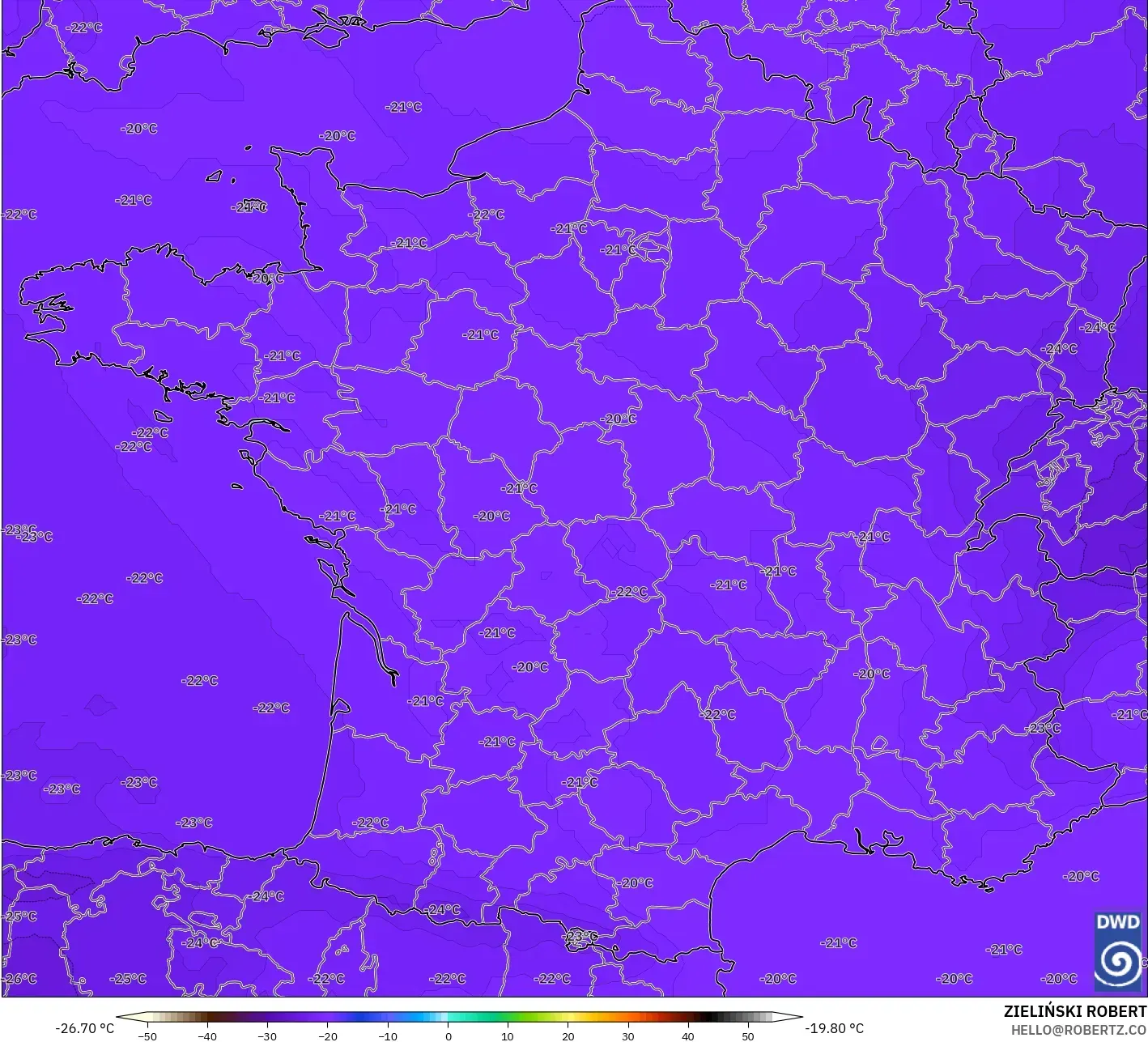 ICON モデル - フランス, 気温（500hPa）