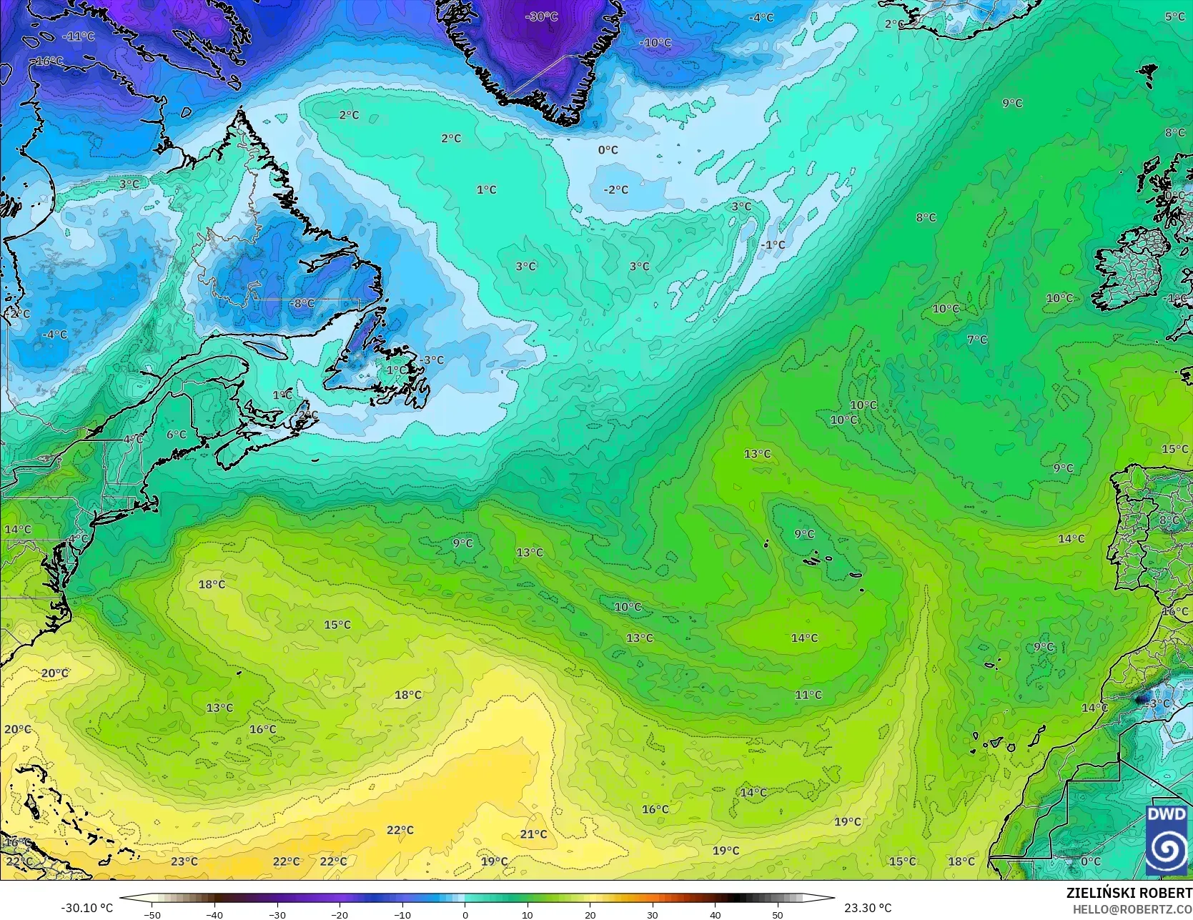 ICON モデル - 北大西洋, 露点温度（2m）