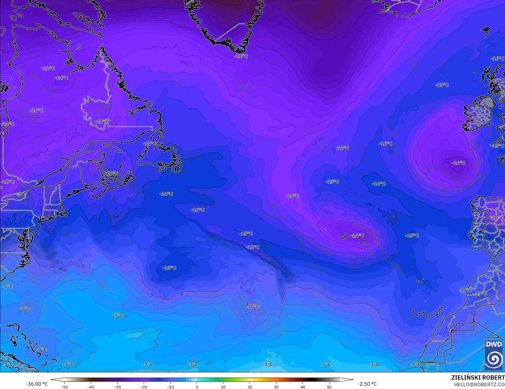 ICON モデル - 北大西洋, 気温（500hPa）