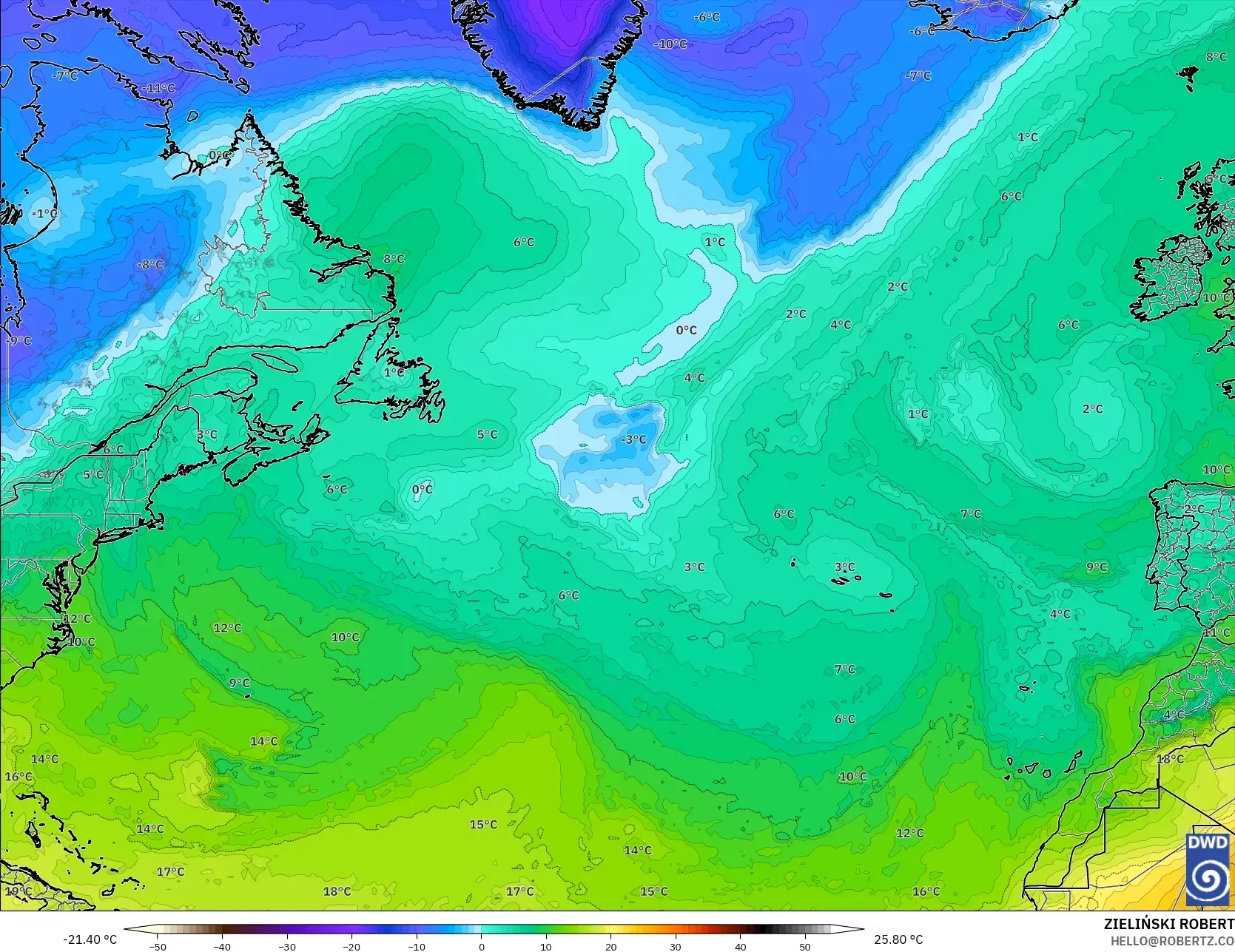 ICON モデル - 北大西洋, 気温（850hPa）