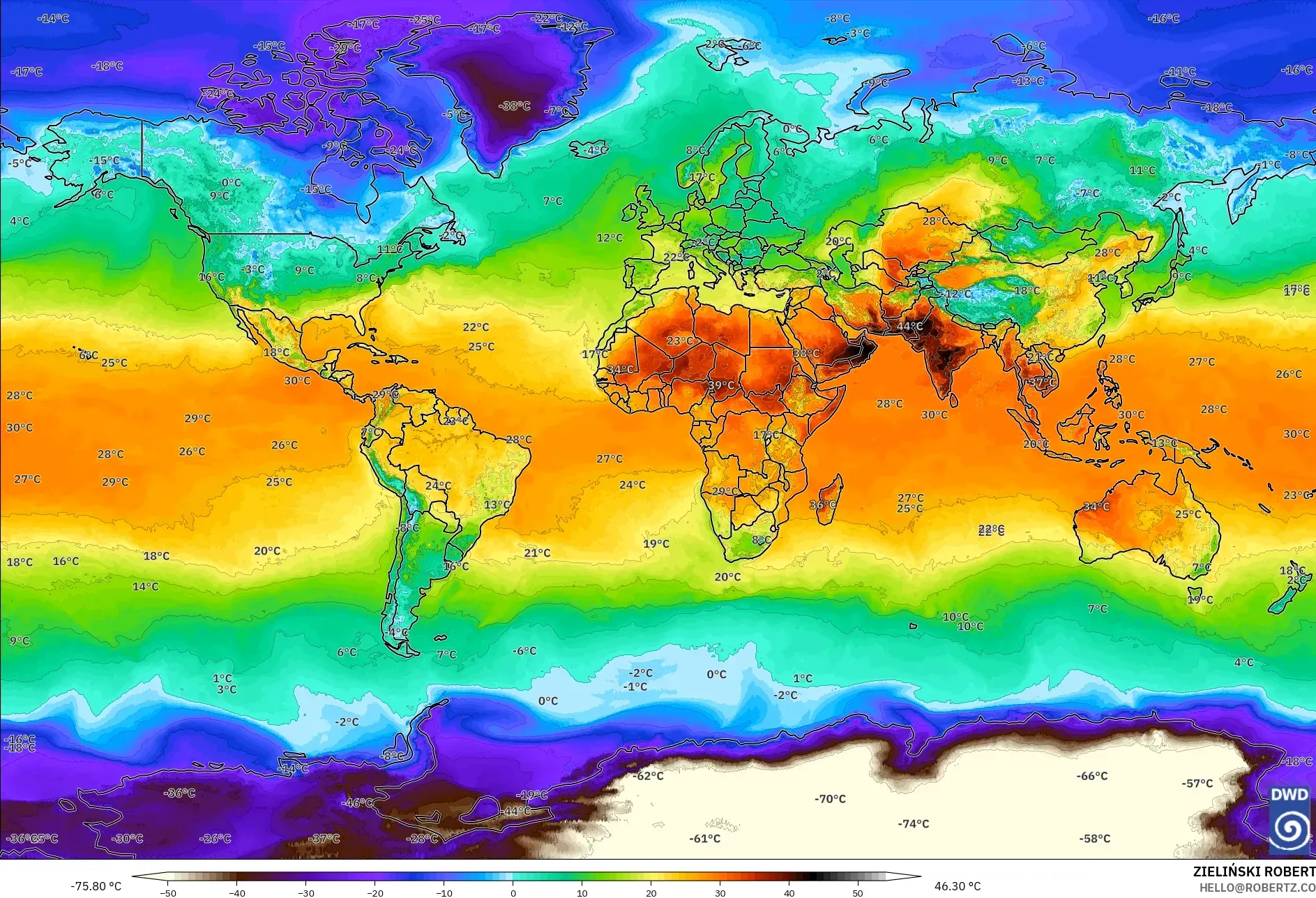 ICON モデル - 世界, 気温（2m）