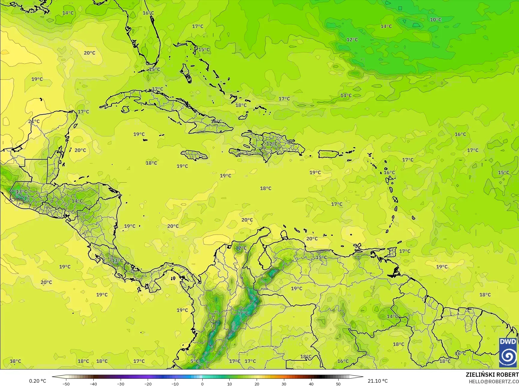 ICON モデル - カリブ海, 気温（850hPa）
