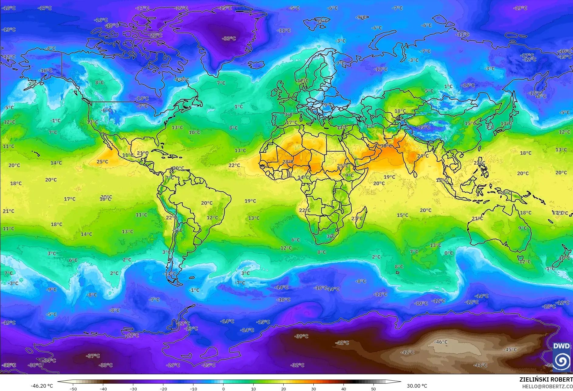 ICON モデル - 世界, 気温（850hPa）