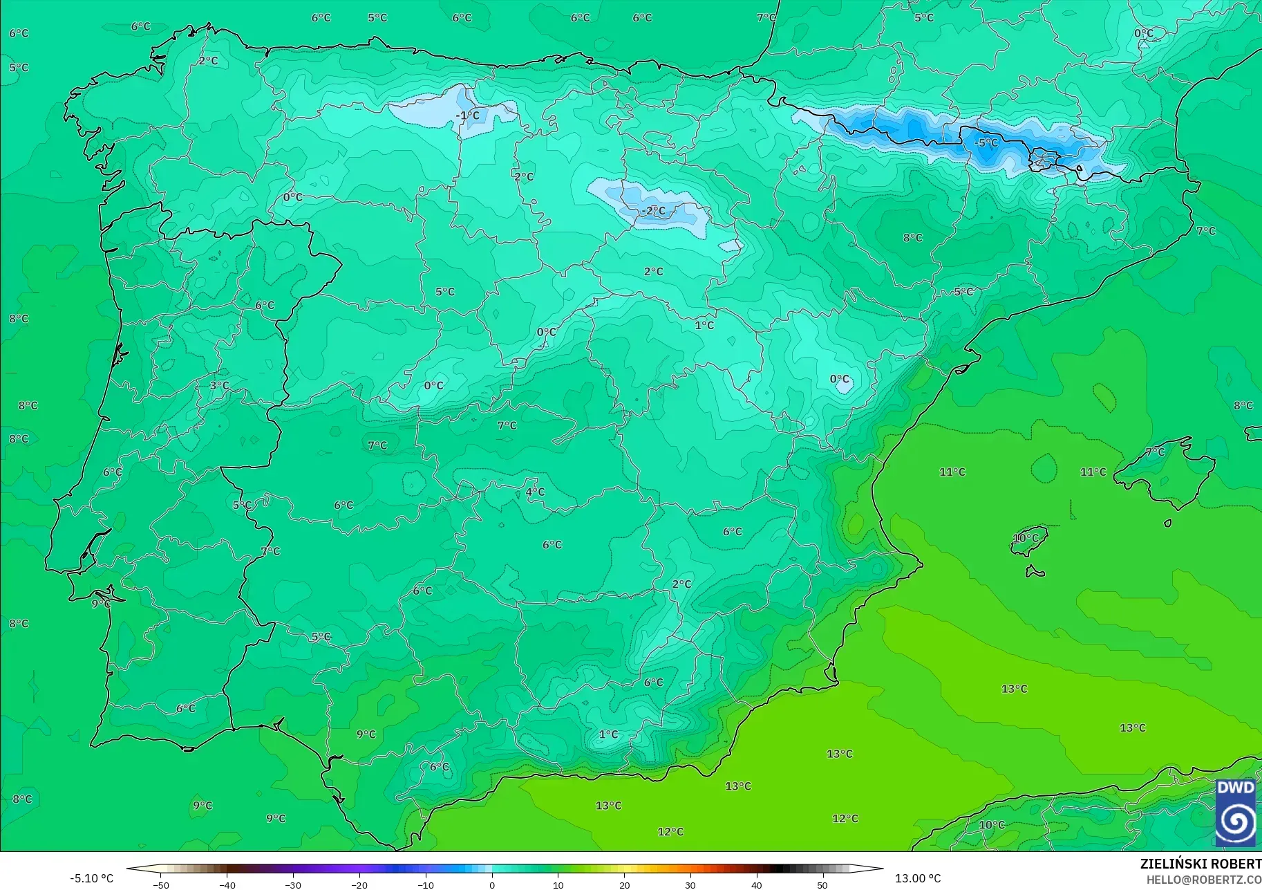 ICON モデル - スペイン, 気温（850hPa）