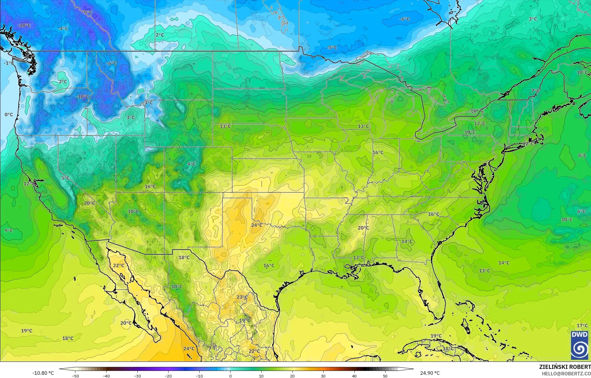 ICON モデル - アメリカ合衆国, 気温（850hPa）