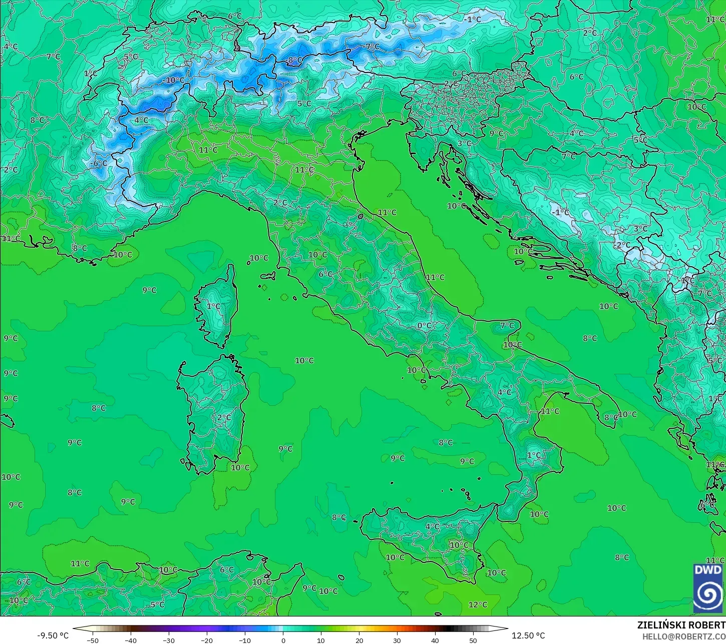 ICON モデル - イタリア, 気温（850hPa）