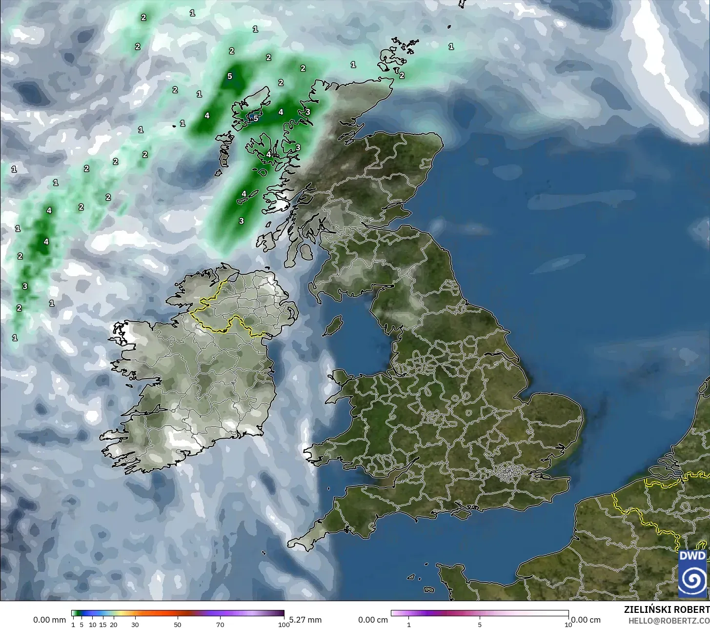 ICON モデル - イギリス, 降水量、雲、気圧