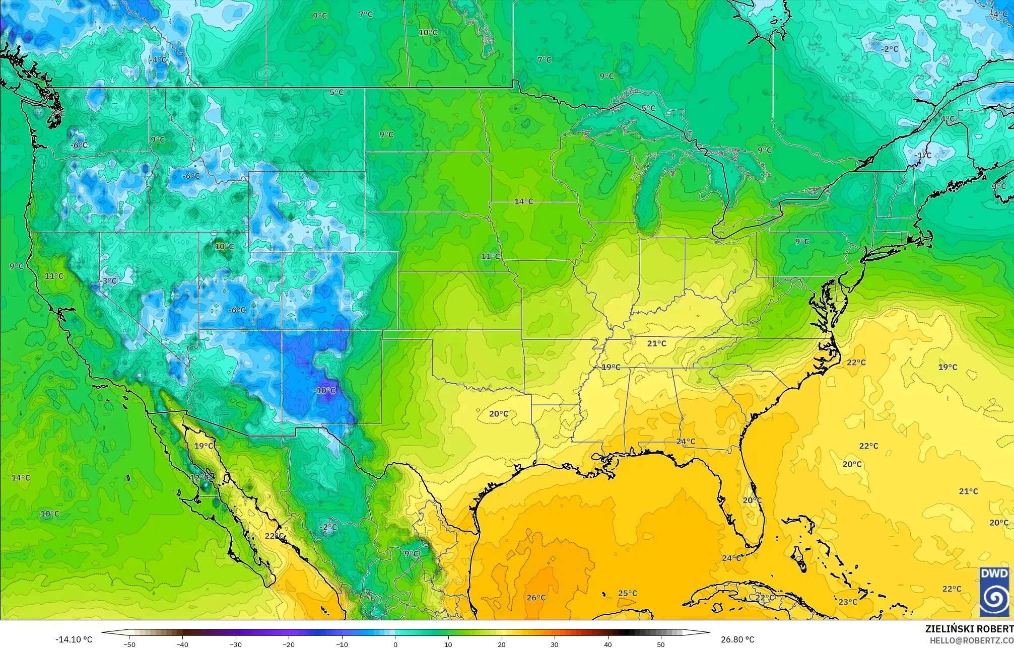 ICON モデル - アメリカ合衆国, 露点温度（2m）