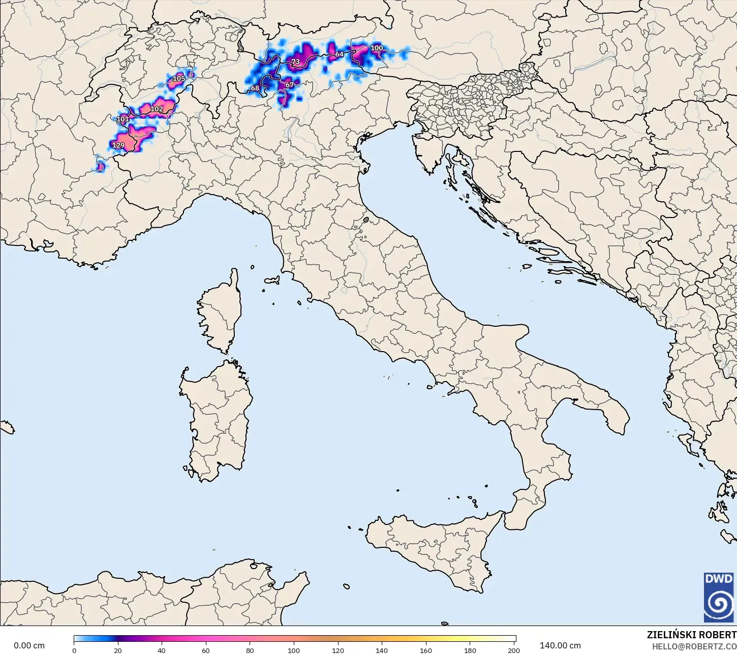 ICON モデル - イタリア, 積雪深