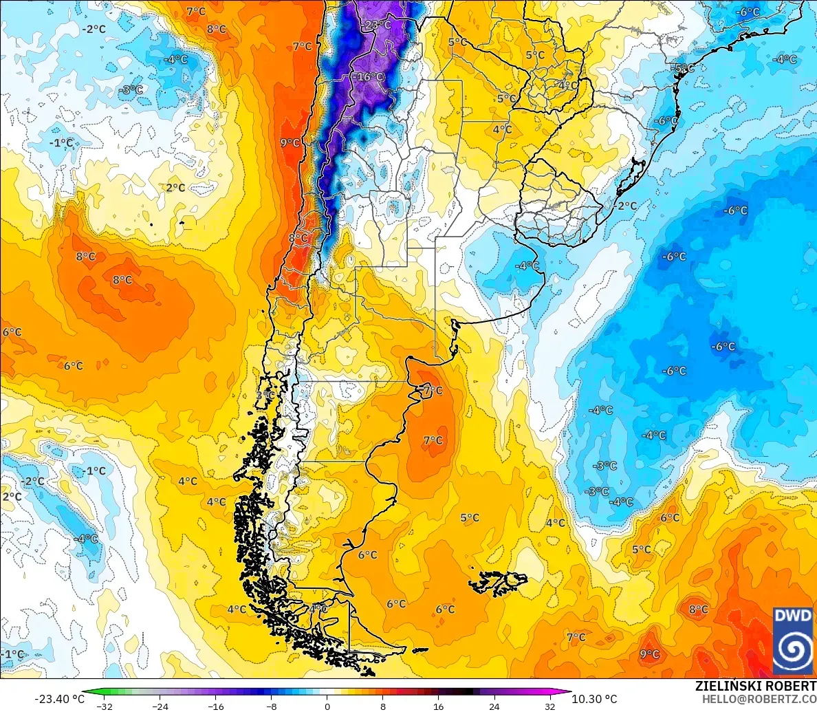 ICON モデル - アルゼンチン, 気温異常（850hPa）