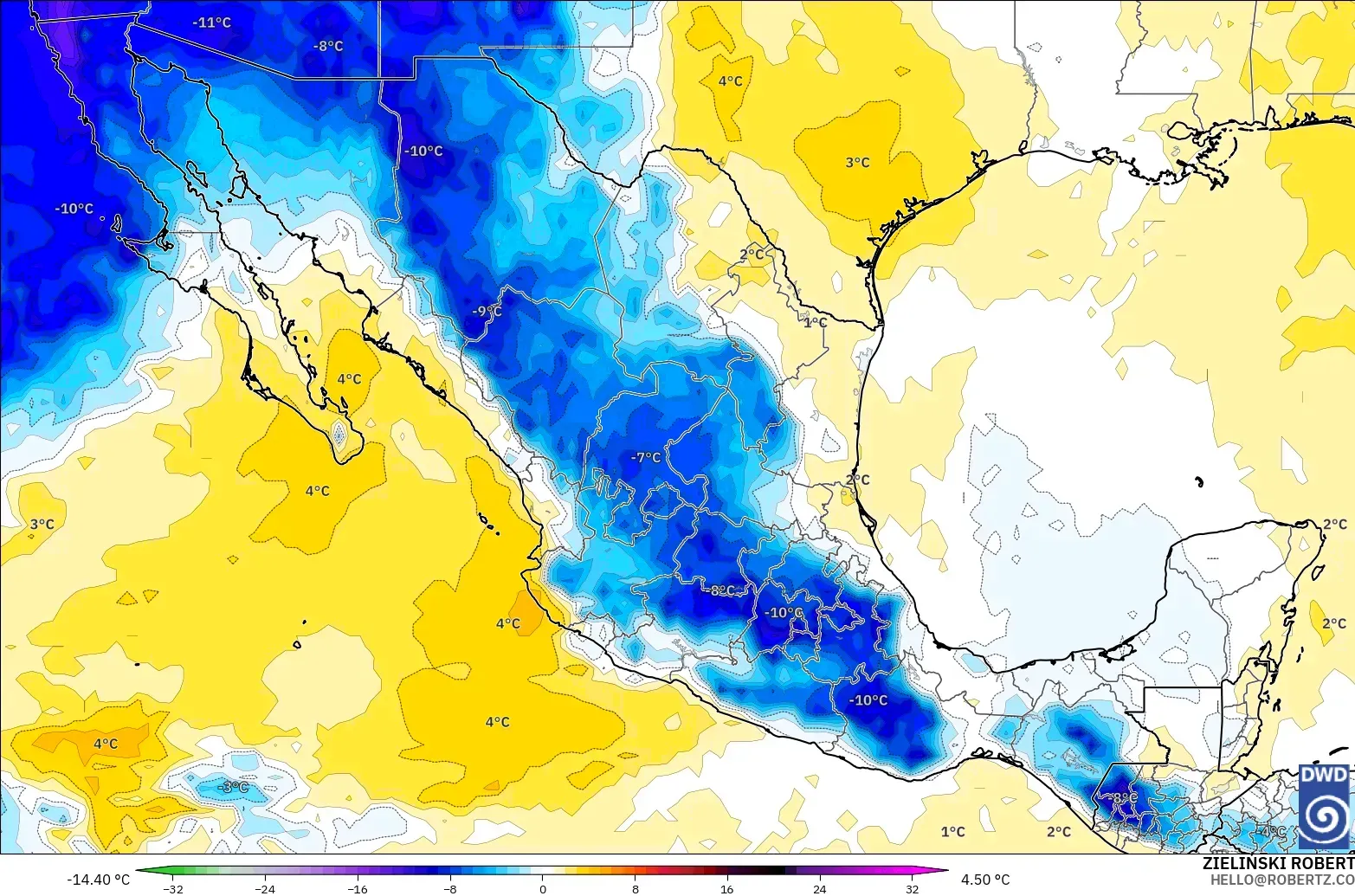 ICON モデル - メキシコ, 気温異常（850hPa）