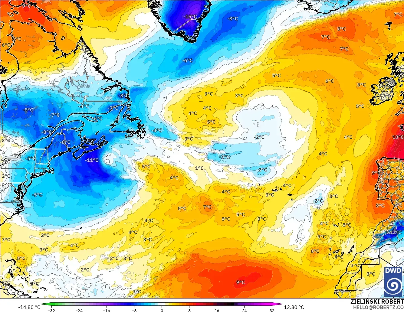 ICON モデル - 北大西洋, 気温異常（850hPa）