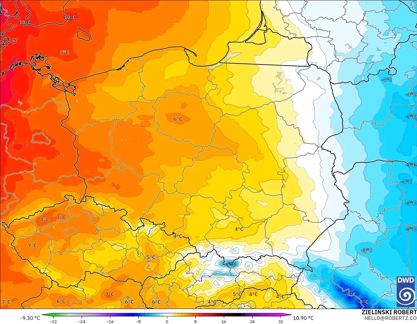 ICON モデル - ポーランド, 気温異常（850hPa）