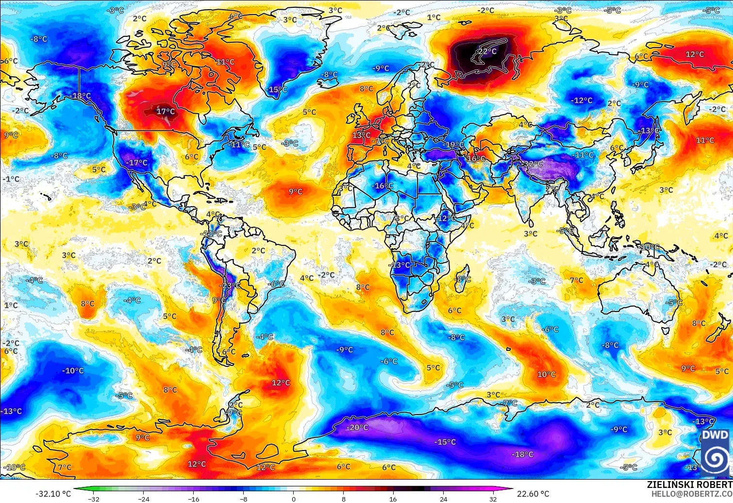 ICON モデル - 世界, 気温異常（850hPa）