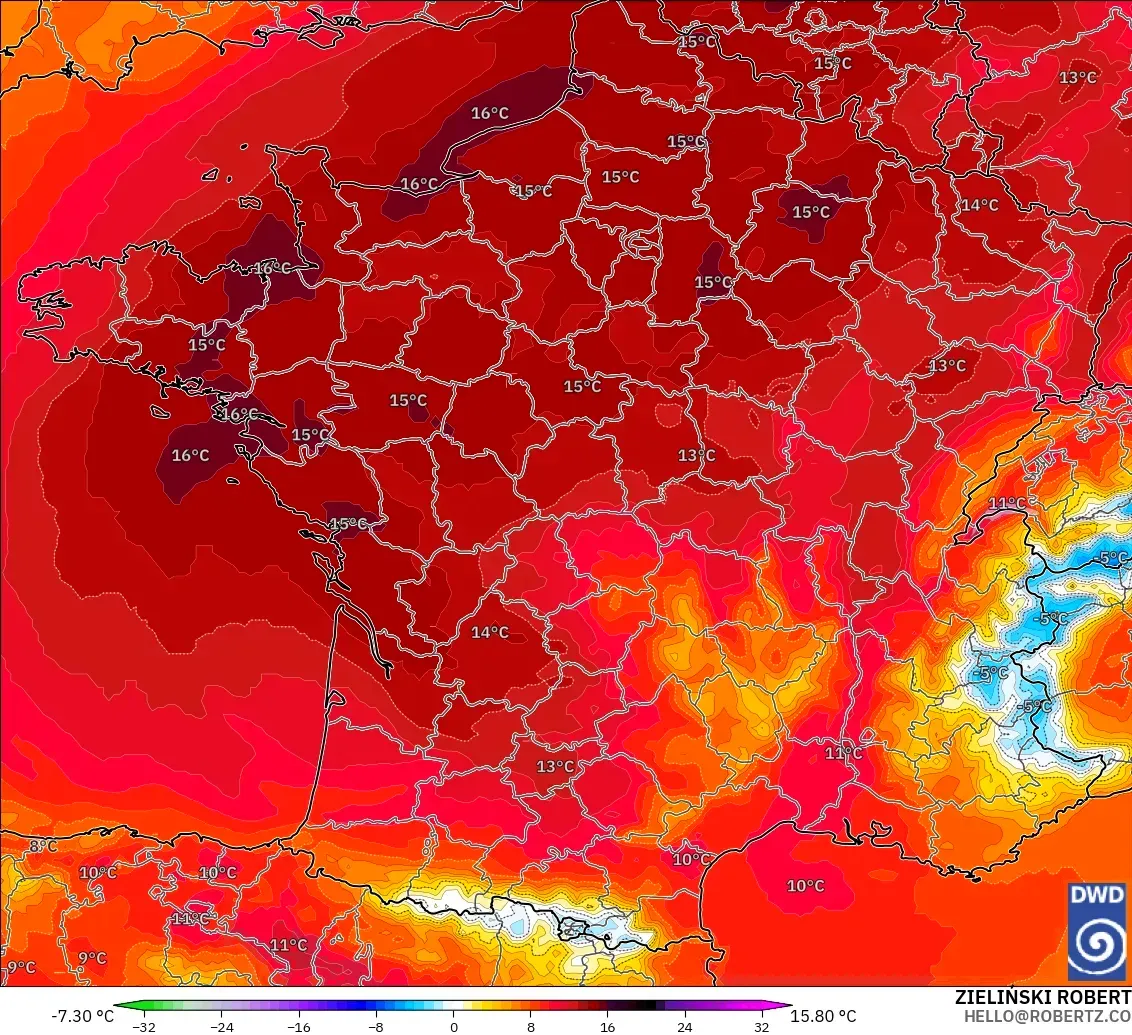 ICON モデル - フランス, 気温異常（850hPa）