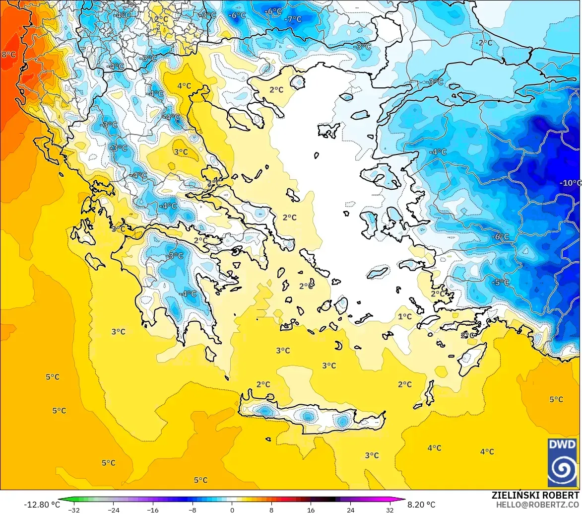 ICON モデル - ギリシャ, 気温異常（850hPa）