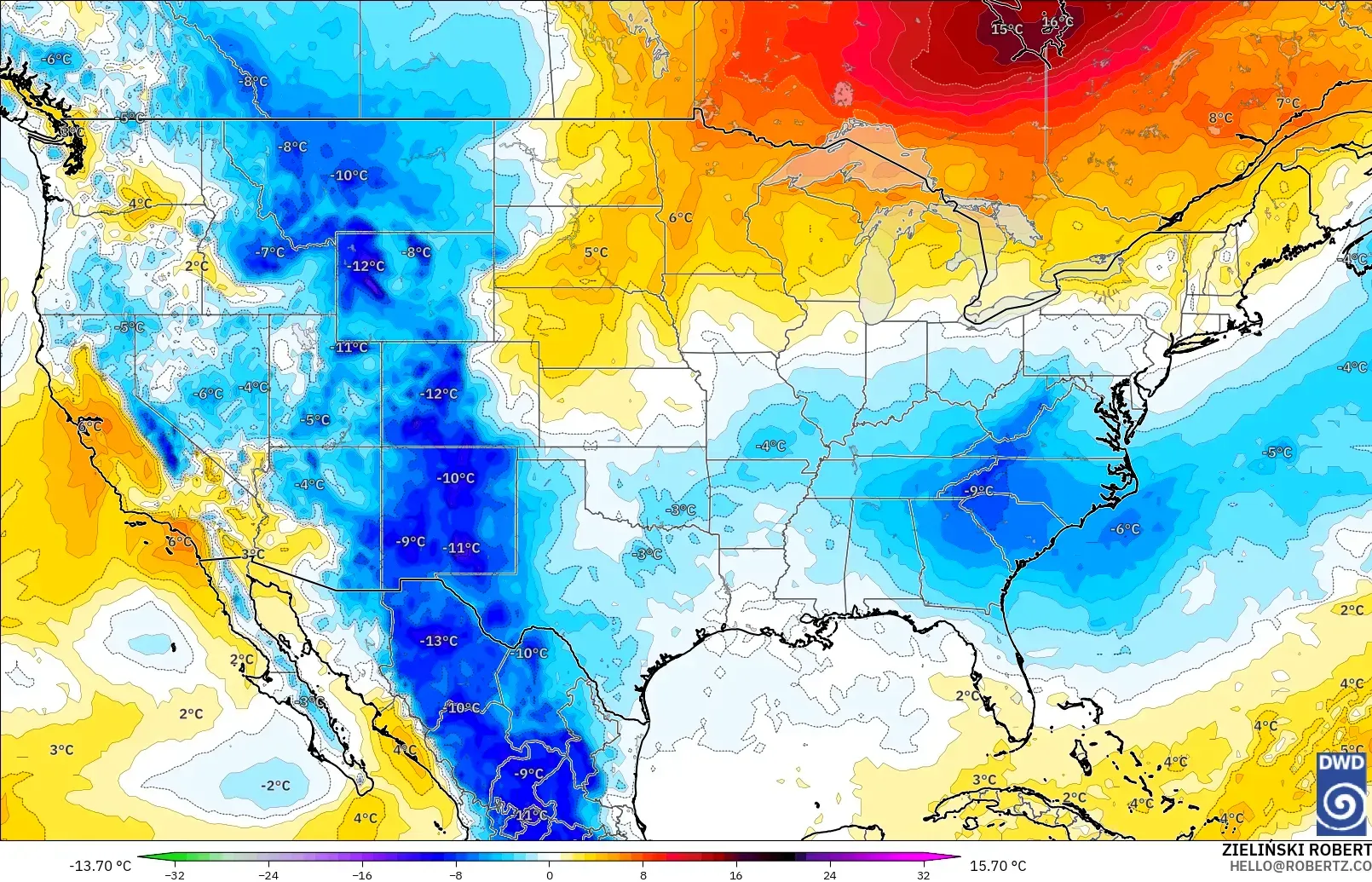 ICON モデル - アメリカ合衆国, 気温異常（850hPa）
