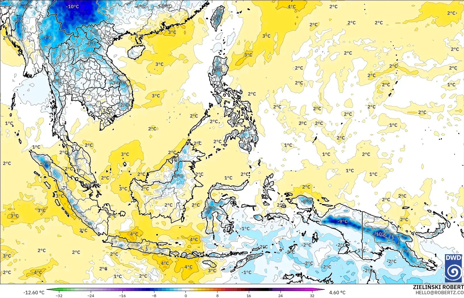 ICON モデル - 東南アジア, 気温異常（850hPa）