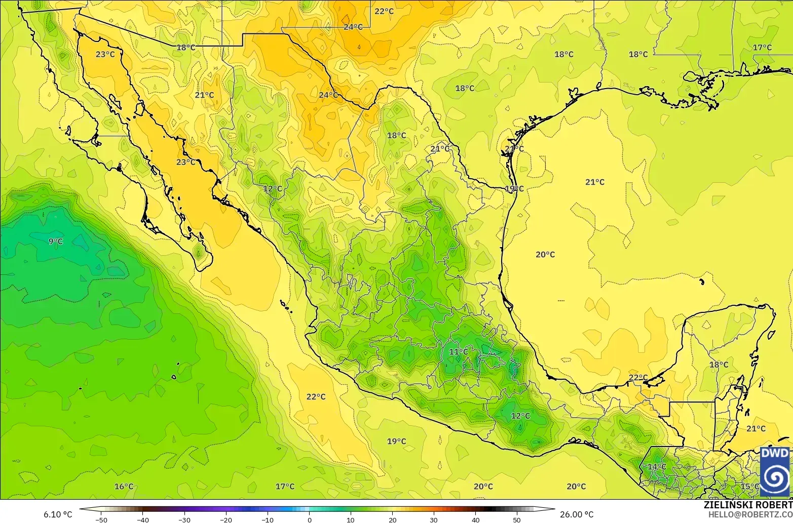ICON モデル - メキシコ, 気温（850hPa）