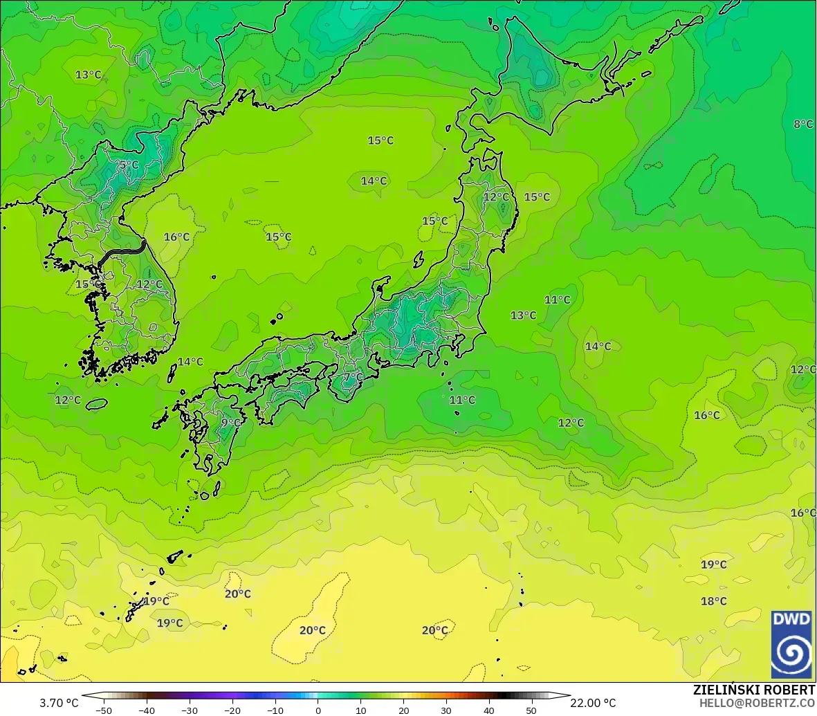 ICON モデル - 日本, 気温（850hPa）