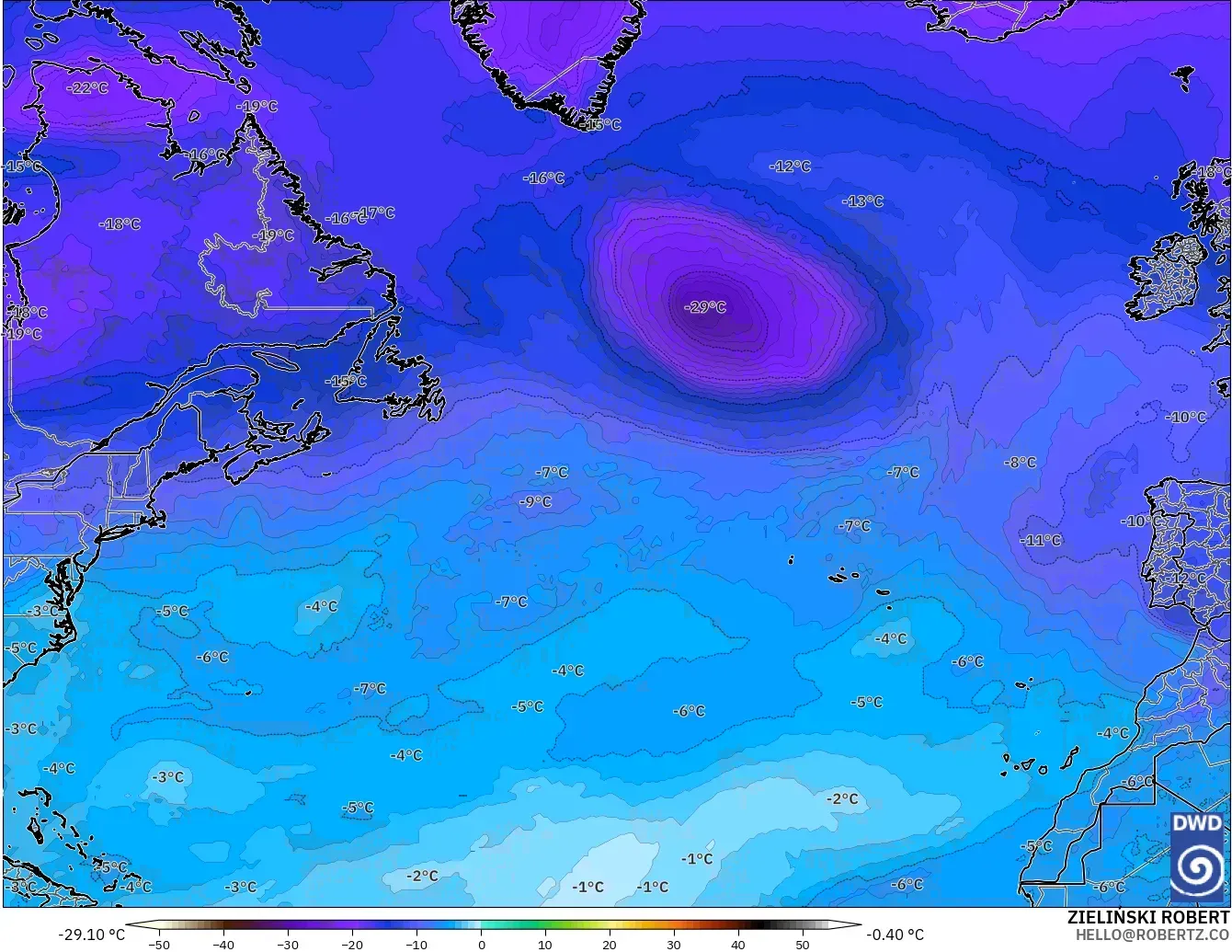 ICON モデル - 北大西洋, 気温（500hPa）