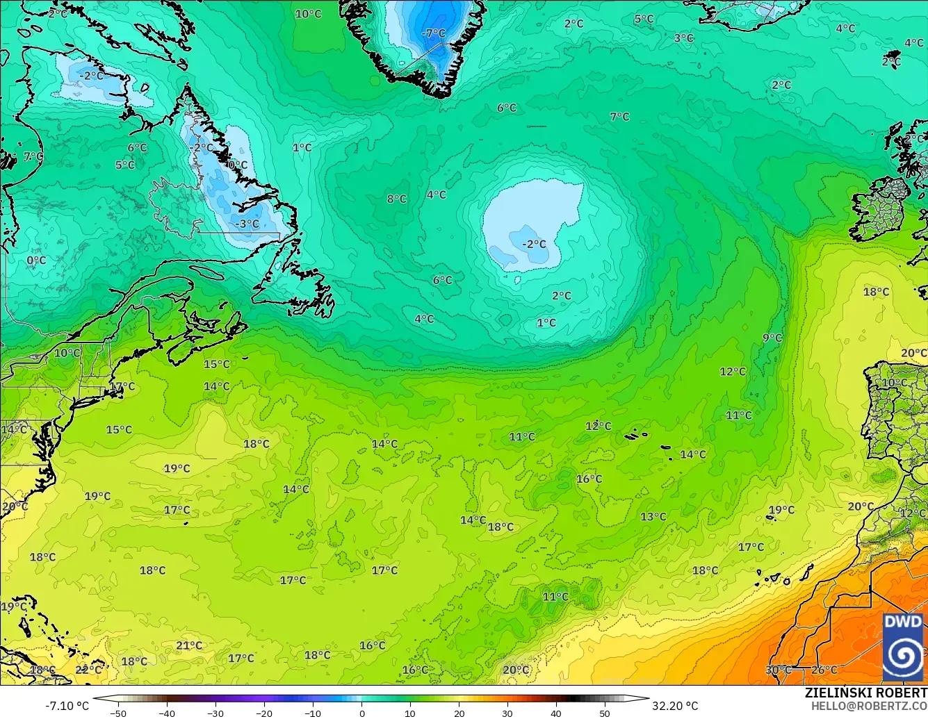 ICON モデル - 北大西洋, 気温（850hPa）