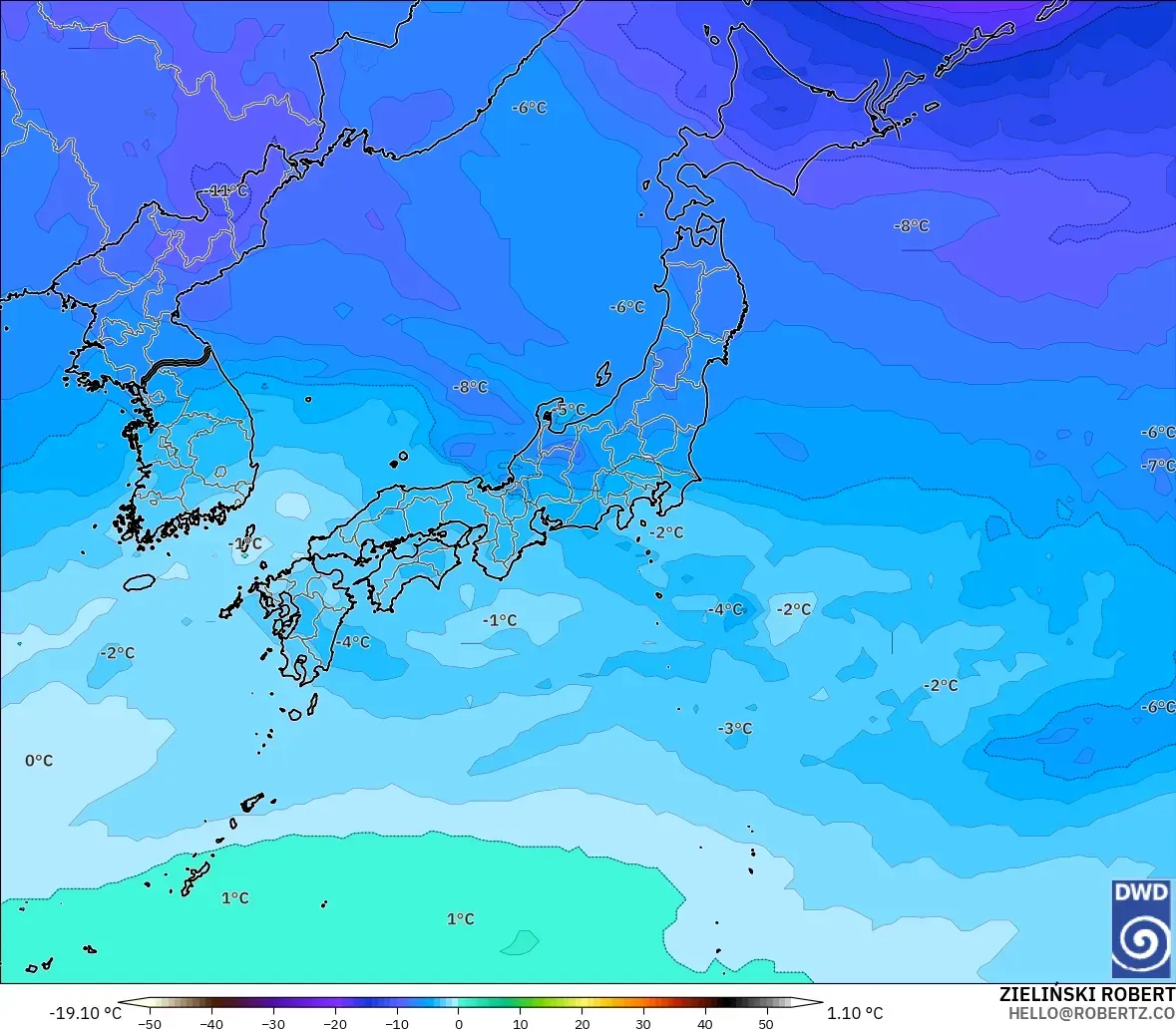 ICON モデル - 日本, 気温（500hPa）