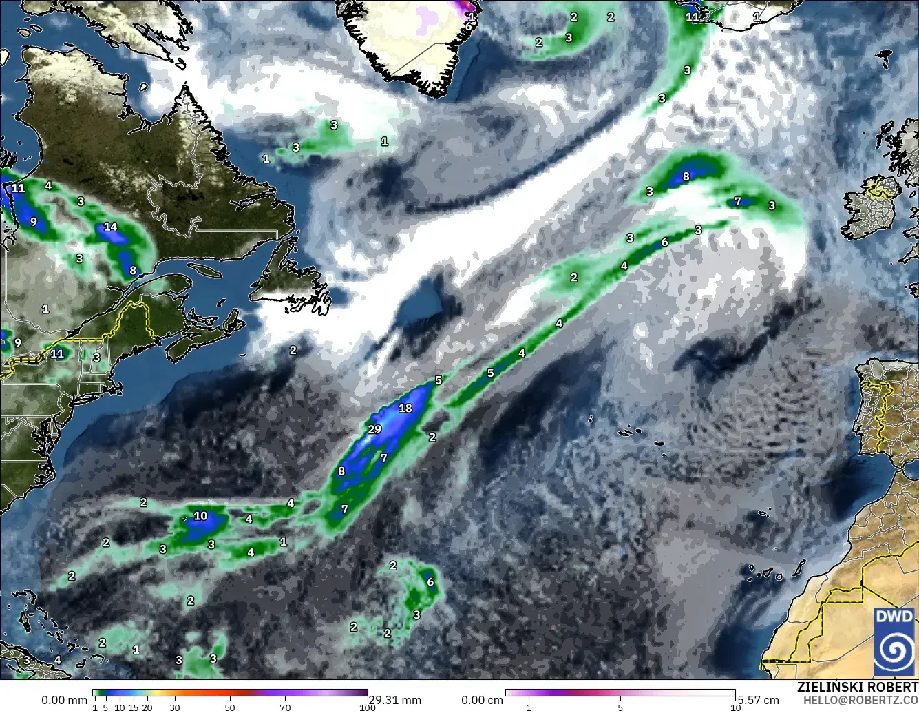 ICON モデル - 北大西洋, 降水量、雲、気圧