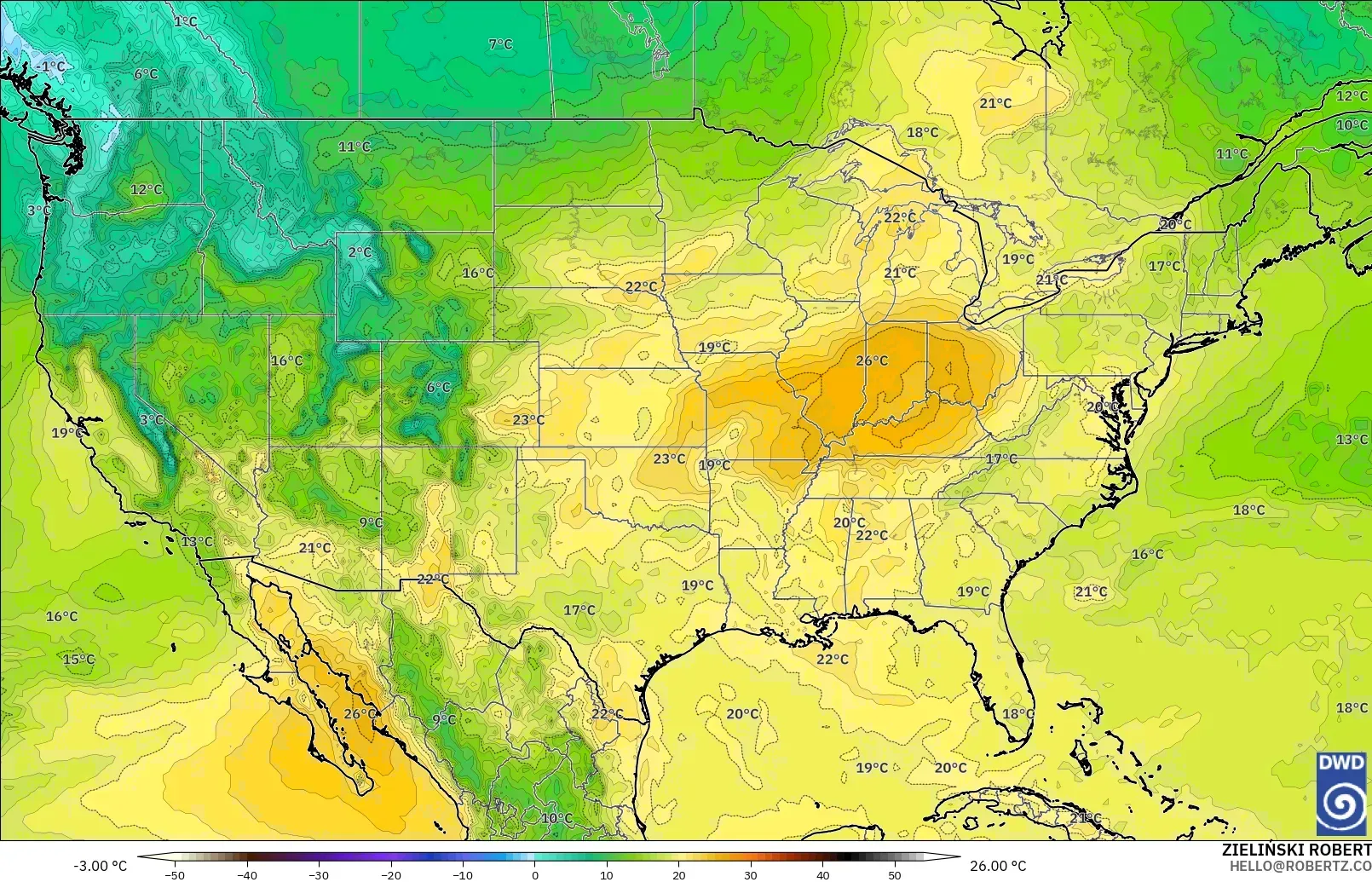 ICON モデル - アメリカ合衆国, 気温（850hPa）