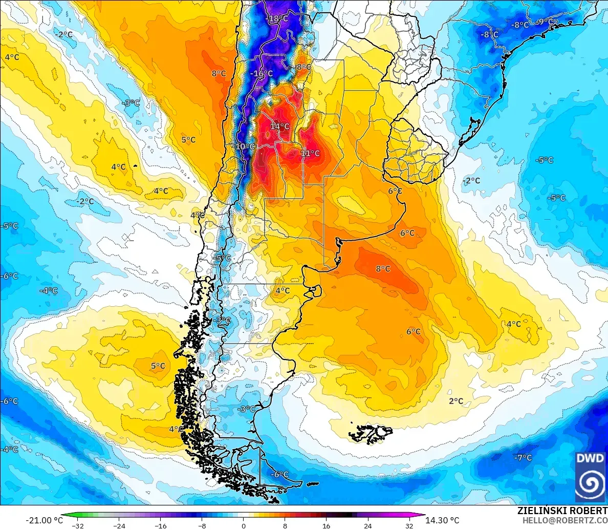 ICON モデル - アルゼンチン, 気温異常（850hPa）