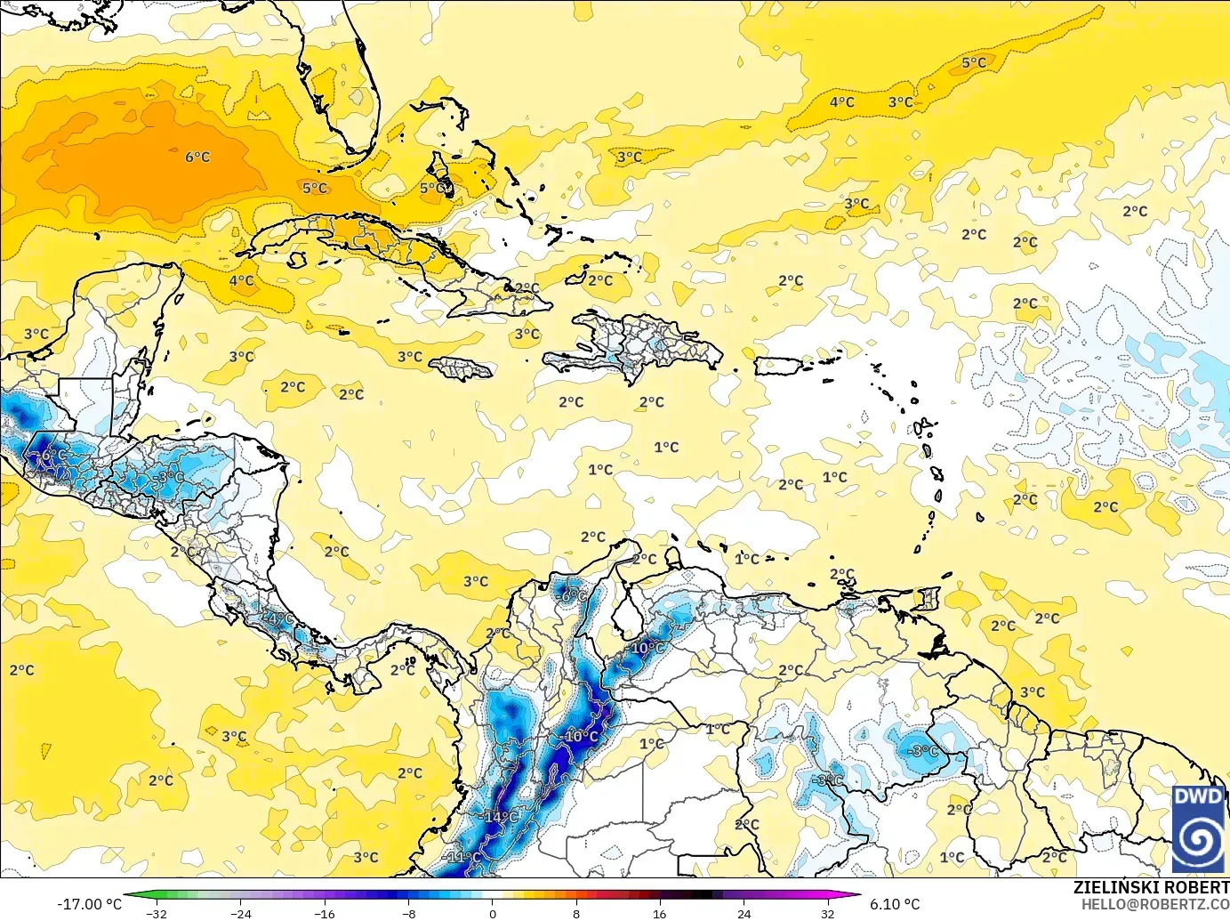 ICON モデル - カリブ海, 気温異常（850hPa）