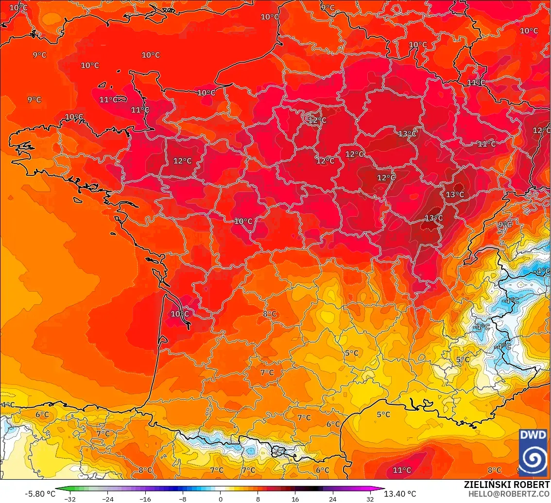 ICON モデル - フランス, 気温異常（850hPa）