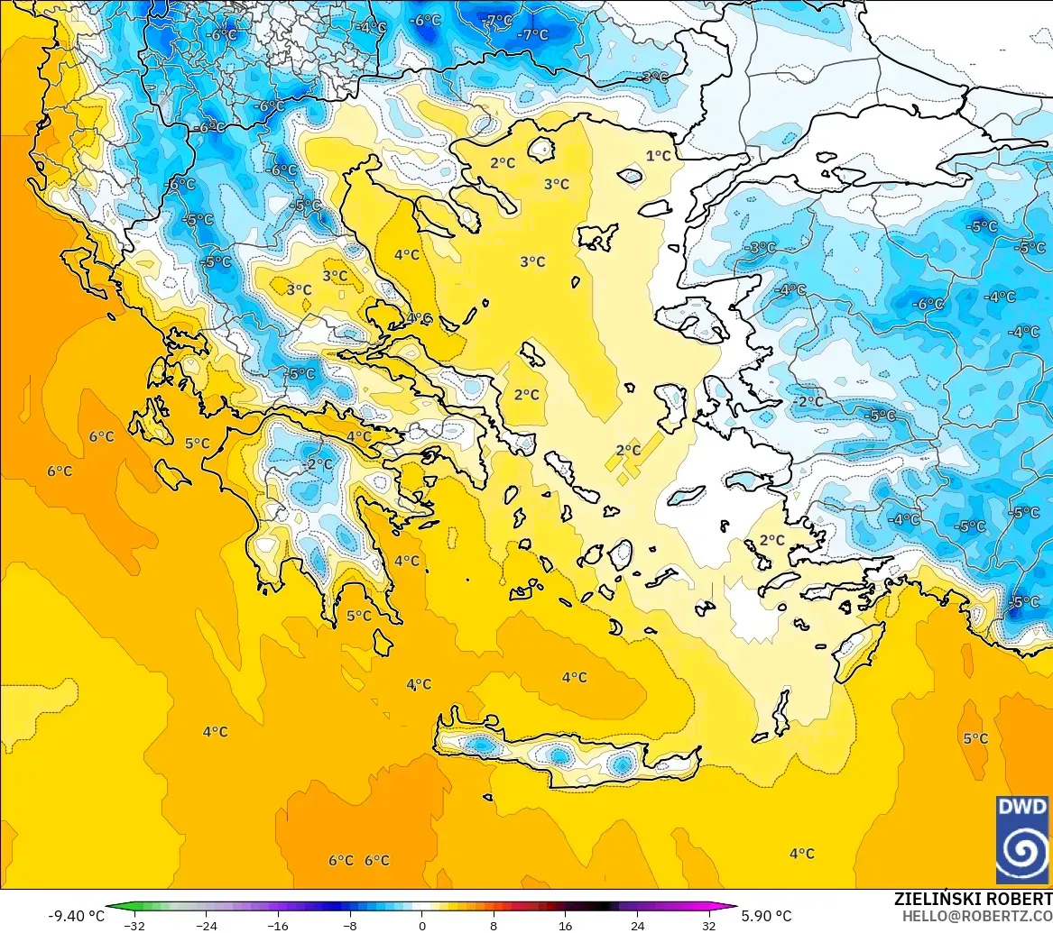 ICON モデル - ギリシャ, 気温異常（850hPa）