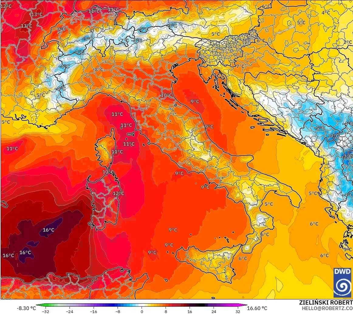 ICON モデル - イタリア, 気温異常（850hPa）