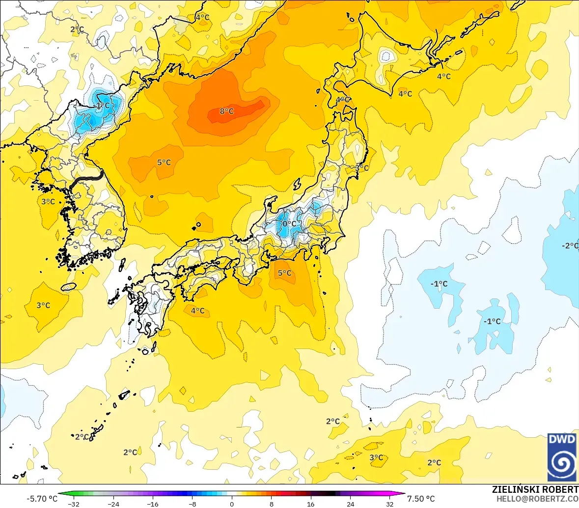 ICON モデル - 日本, 気温異常（850hPa）