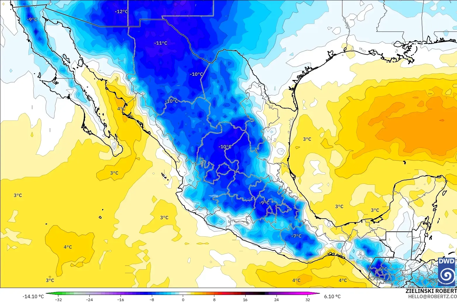 ICON モデル - メキシコ, 気温異常（850hPa）